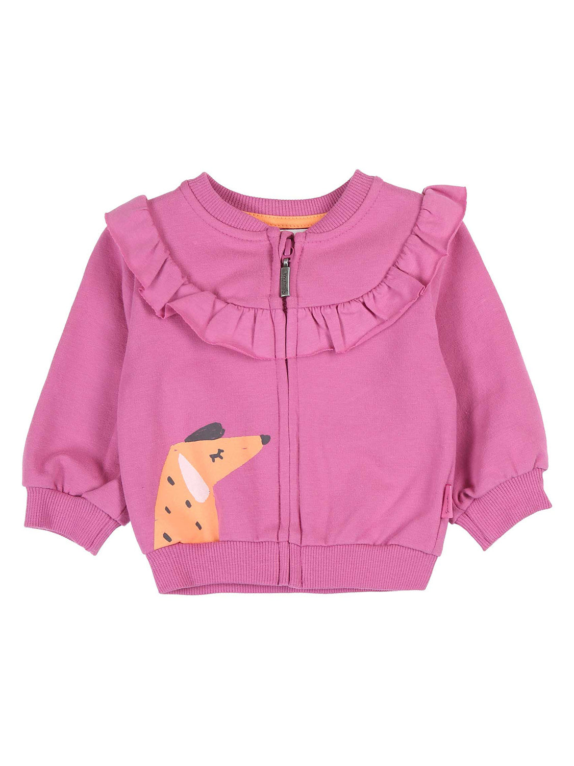 Sweatjacke Pink für Mädchen mit Rüschenbesatz, gerippten Bündchen und Saum. Zierlicher Druck eines stilisierten Tierkopfes links unten.
