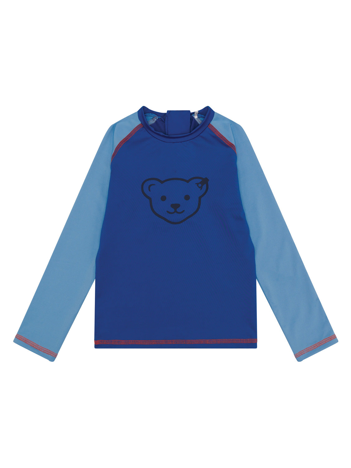 Badeshirt FIETE in vallarta blue mit langem Arm und einem Teddygesicht auf der Vorderseite, ideal für Kinder, erhältlich im bellybutton Online-Shop für Kindermode.