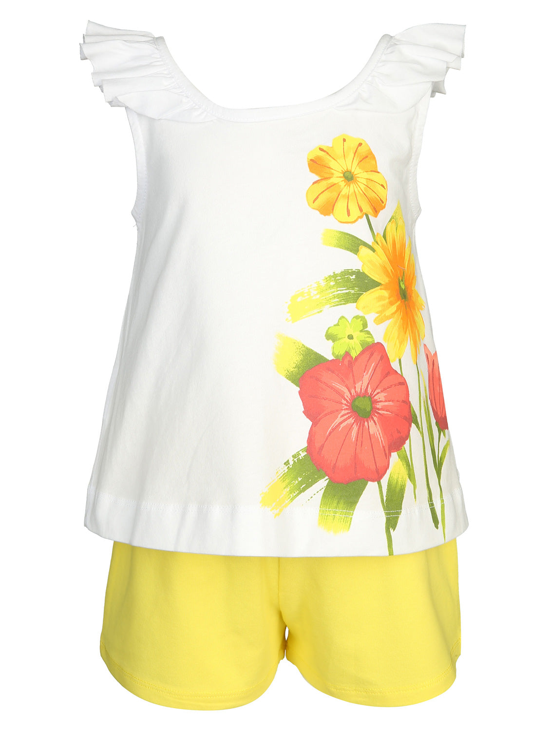 Zweiteiliges Set Shorts FLORES 2-teilig in zitron: ärmelloses weißes Oberteil mit Blumenprint und Rüschen, kombiniert mit leuchtend gelben Shorts. Perfekt für modische Kinder bei bellybutton.