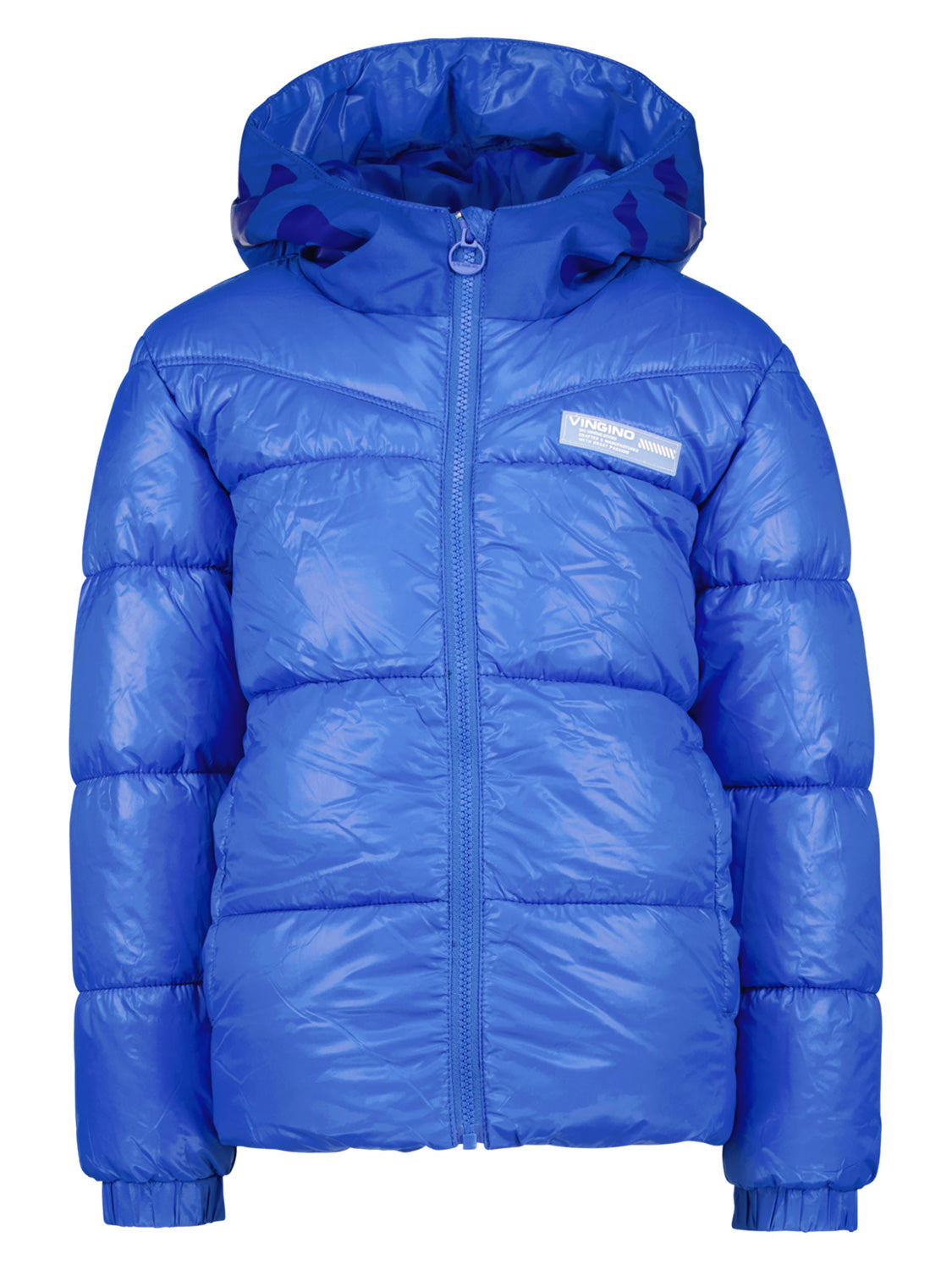 Steppjacke TIDO in lapisblue: Glänzende, gesteppte Jacke mit Reißverschluss, Kapuze, elastischen Bündchen und Logo-Patch, ideal für Kindermode im bellybutton Stil.