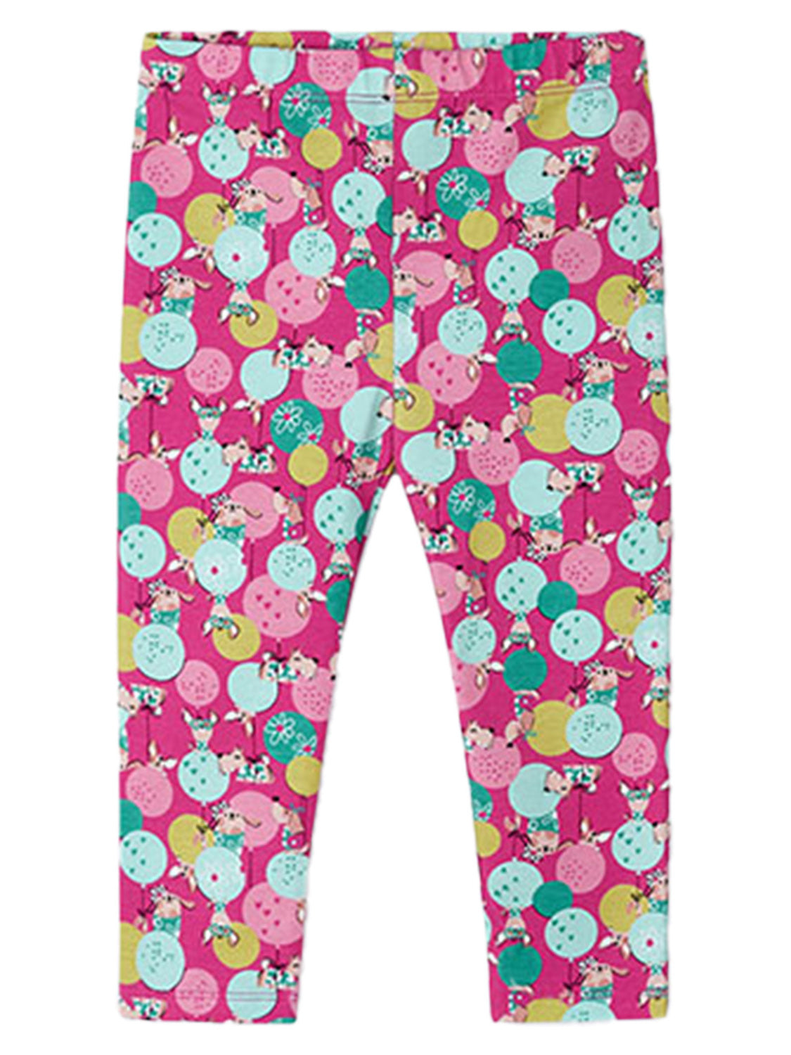 Kinderleggings Leggings WOOF in fuchsia fuchsia mit pastellfarbenen Punkten und kleinen Cartoon-Einhörnern, ideal für verspielte Outfits aus dem bellybutton Online-Shop für Kindermode.