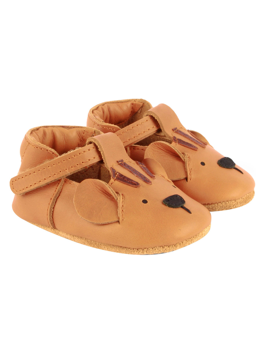 Krabbelschuhe SPARK CLASSIC - TIGER: Kleine Mokassin-Babyschuhe aus Leder mit Tiergesicht, gestickten Augen, Nase und Ohren, sowie einem Riemen über dem Fuß.