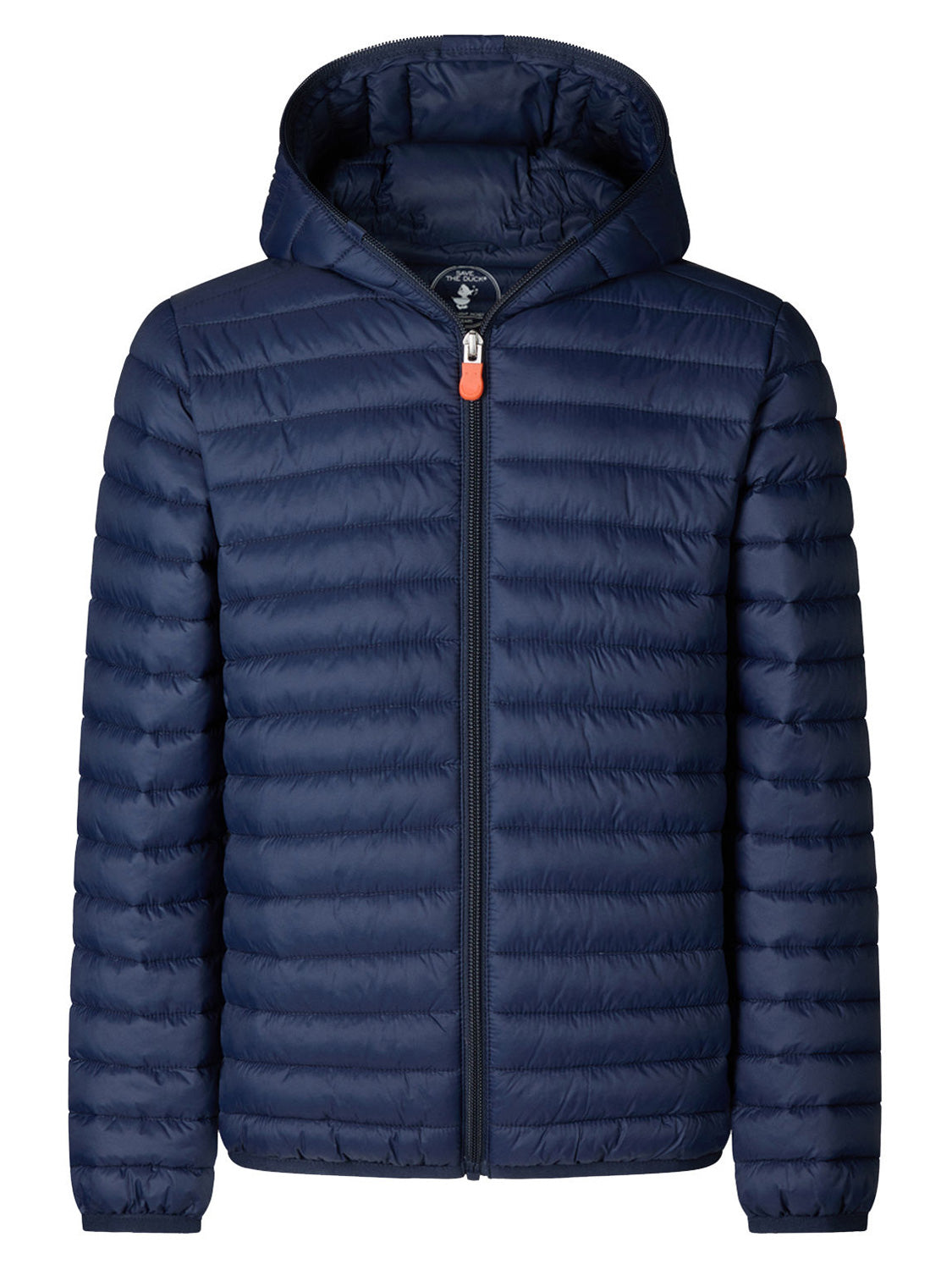 Steppjacke ANA in Dunkelblau, leicht und isoliert, mit horizontaler Steppung und orangefarbenem Zipper, ideal für kühles Wetter.