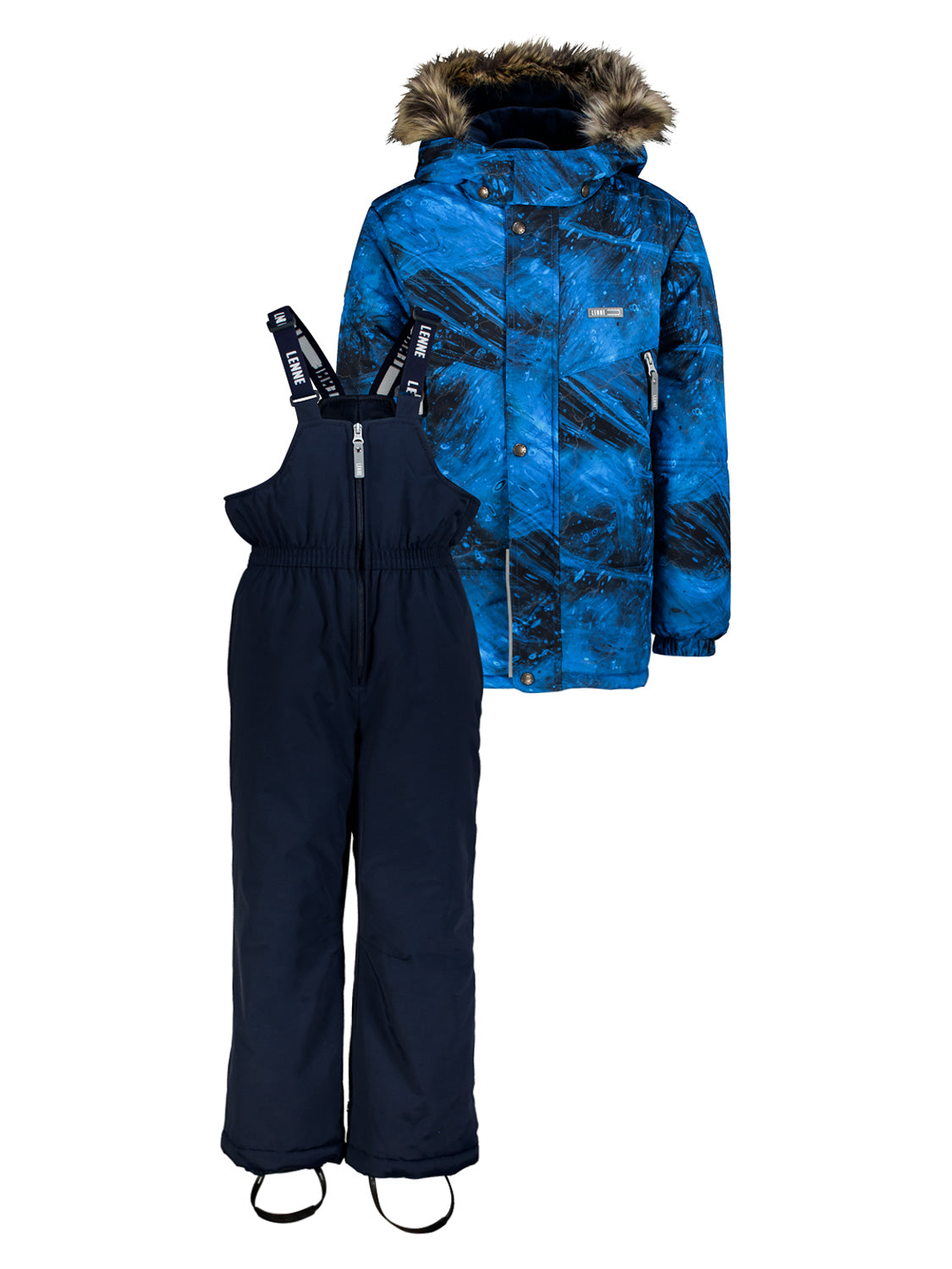 Skibekleidung City Blau: Zweiteiliges Set mit Kapuzenjacke und Schneehose, ideal für Kinder; Jacke mit Fellkragen, verstellbare Träger an der Hose. Perfekt für winterliches Abenteuer.