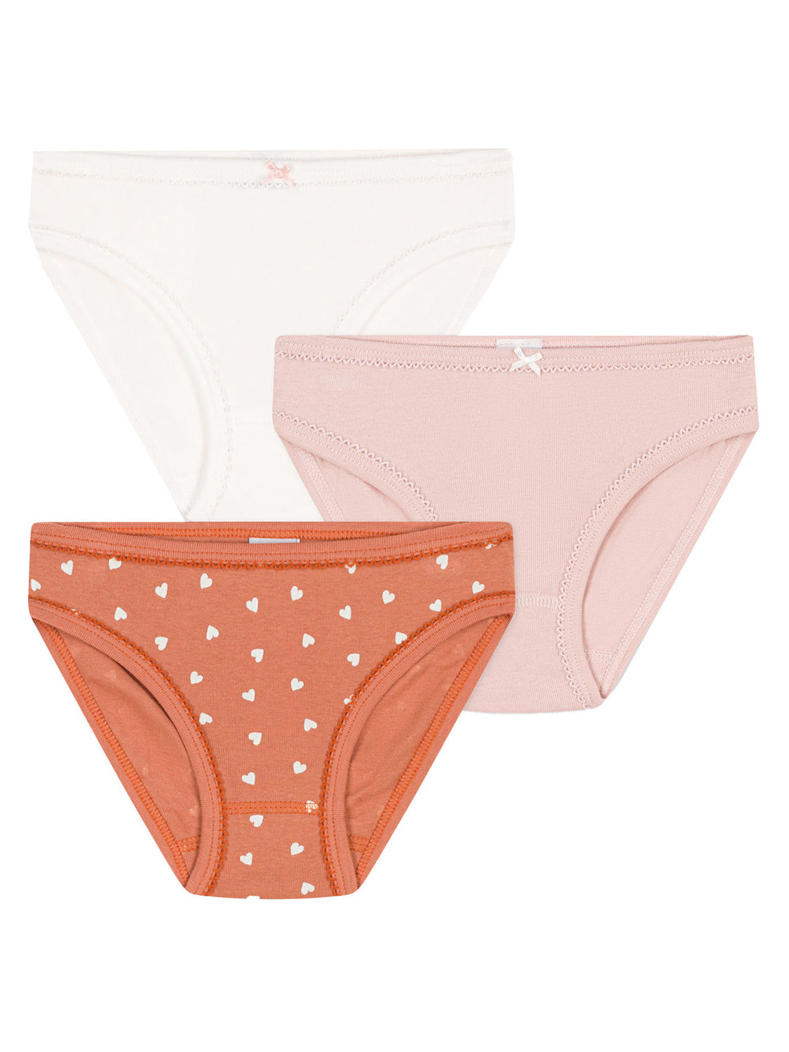 Slip DOTS 3er Pack in bunt: Drei Baumwoll-Slips in Bikini-Style, mit Zierschleife, in Off-White, Rosa und Terrakotta mit weißen Herzen. Ideal für stilvolle Mama- und Kinderkleidung.