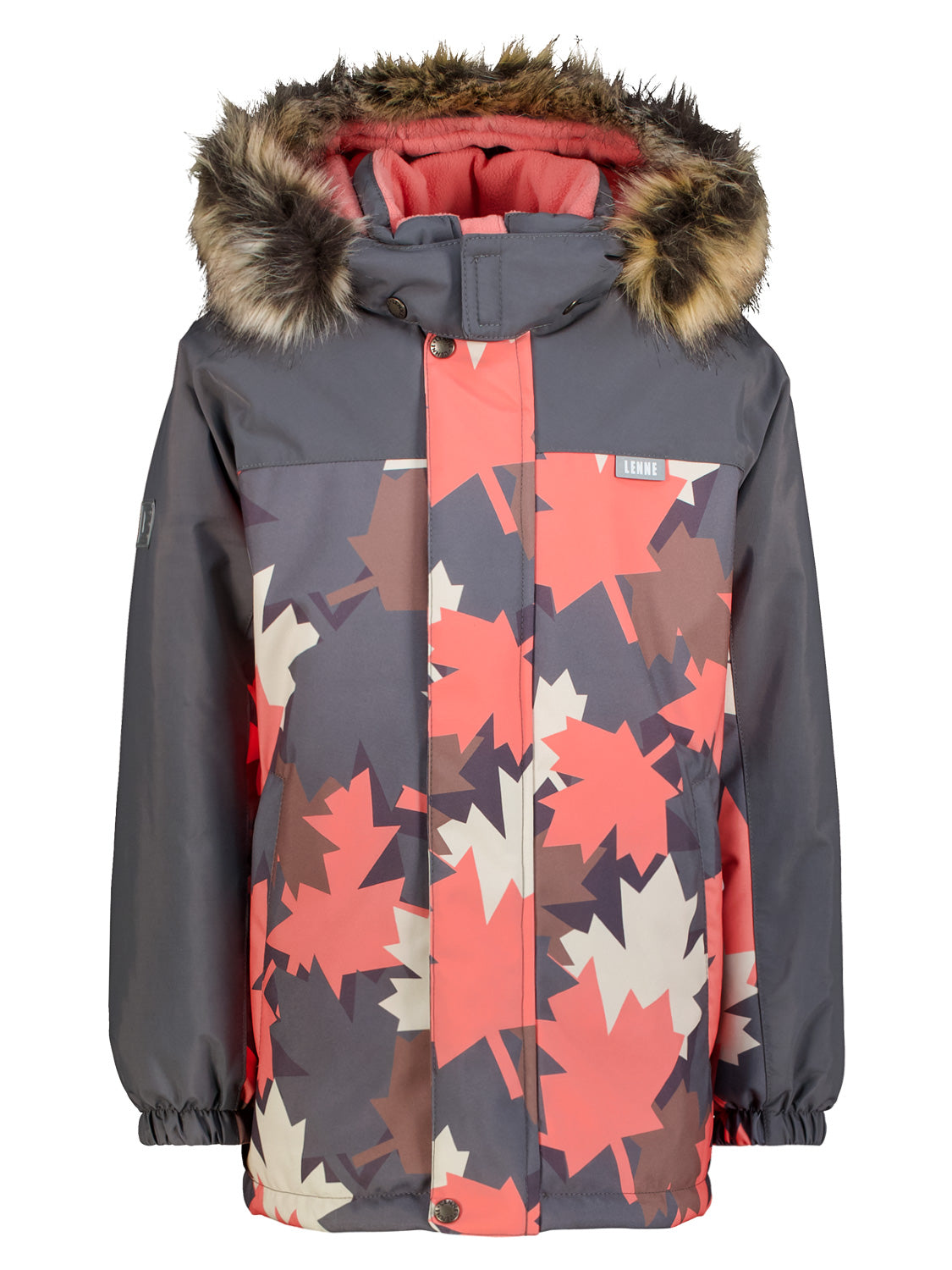 Kinder-Winterparka Skibekleidung Shay Grau mit abnehmbarer Kapuze, elastischen Bündchen und Reißverschluss. Muster aus großen Ahornblättern und LENNE-Logo auf der Brust.