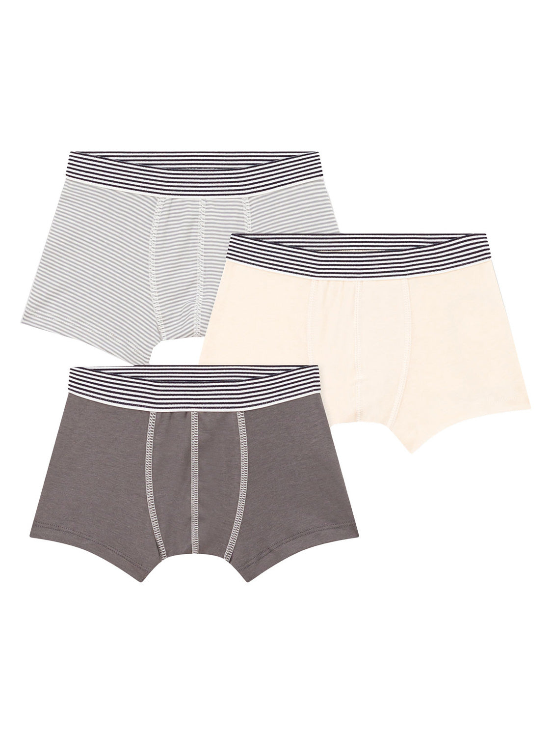 Drei Boxershorts UNI 3er Pack in bunt bunt mit gestreiftem Bund, jeweils in uni und gestreift, ideal für bequeme Alltagsmode bei bellybutton.