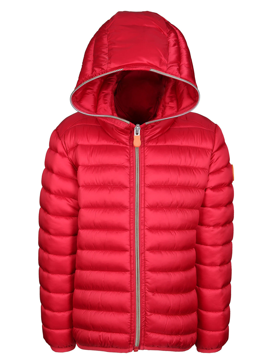 Steppjacke IRIS in tango red: Rote, gesteppte Kapuzenjacke mit horizontalen Kammern, Frontreißverschluss und elastischen Abschlüssen an Ärmeln und Saum, ideal für stilbewusste Mamas und Kinder.