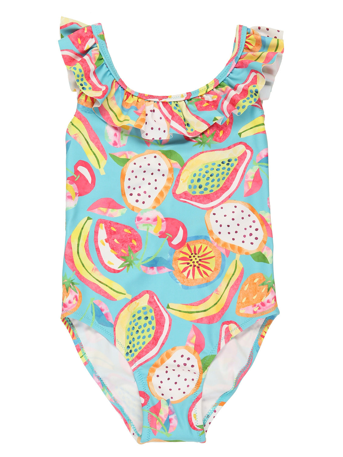 Badeanzug PITAYA in bunt bunt: Einteiler-Mädchenbadeanzug mit Rüschen-Trägern, lebhaftem Fruchtmuster aus Drachenfrüchten, Erdbeeren und Bananen. Perfekter Sommerlook für Kinder bei bellybutton.