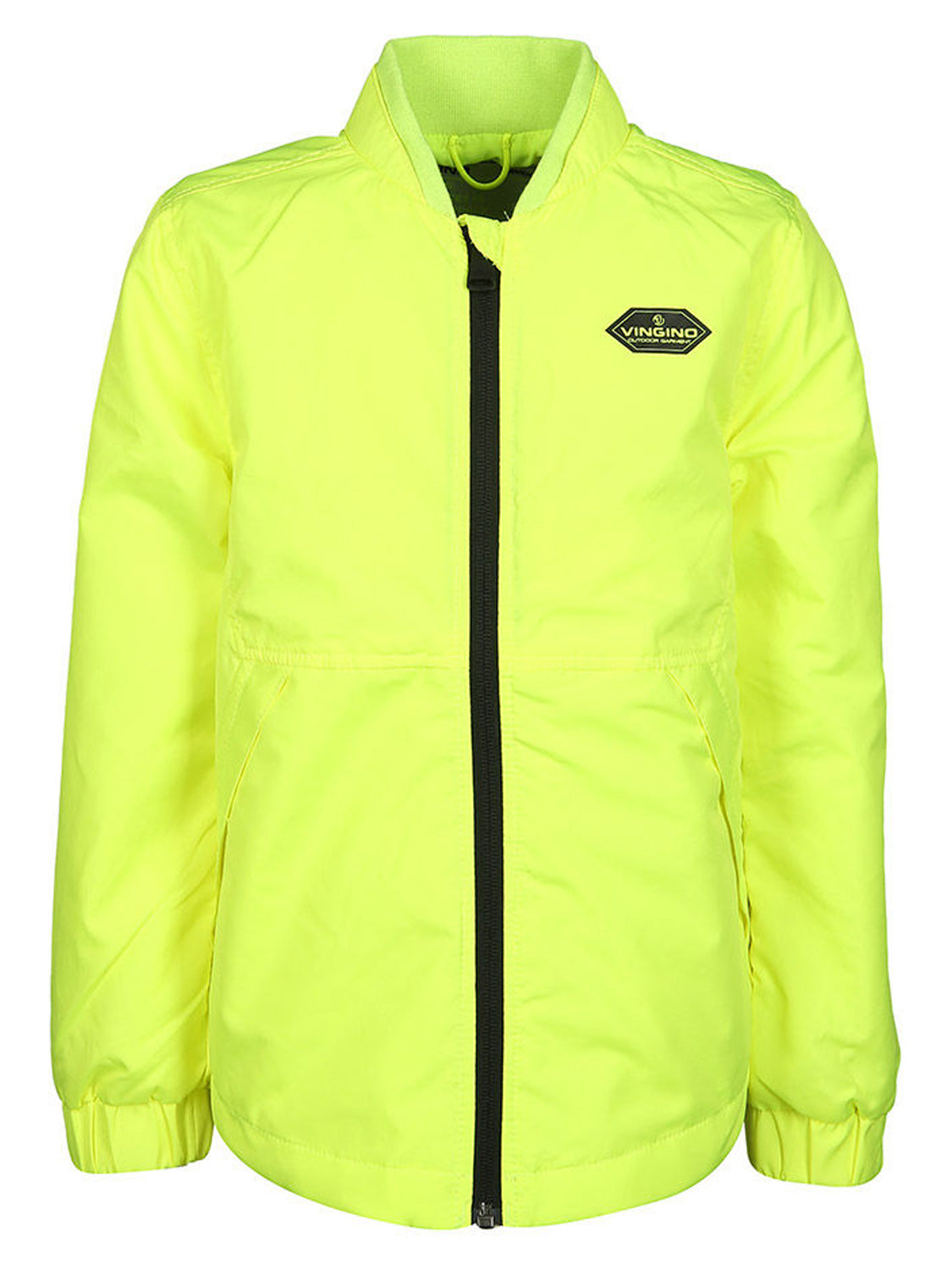 Übergangsjacke TYRION in neongelb: Neon-gelbe, bomberstil Jacke mit elastischen Bündchen, schwarzen Reißverschluss, zwei Taschen, und Vingino Outdoor Company-Emblem auf der Brust.