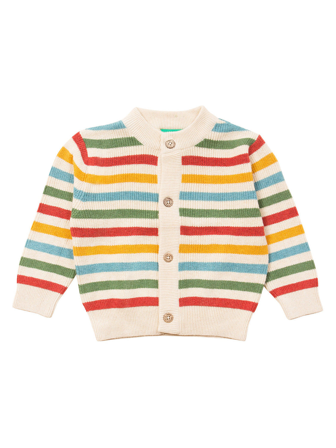 Strickjacke Beige mit buntem Streifenmuster und Holzknöpfen, aus weicher Bio-Baumwolle, ideal für Kleinkinder, im klassischen Rippstrickdesign.