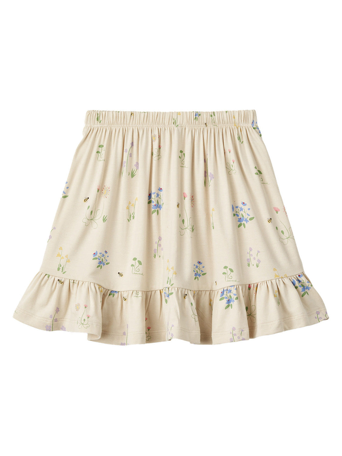 Rock HELLVI FLORA in sandy sandy: Knielanger Rock mit Gummibund, zartem Blumen- und Bienenprint, sanfter Raffung und verspieltem Rüschen-Saum. Perfekt für stilvolle Mama- und Kinderlooks.