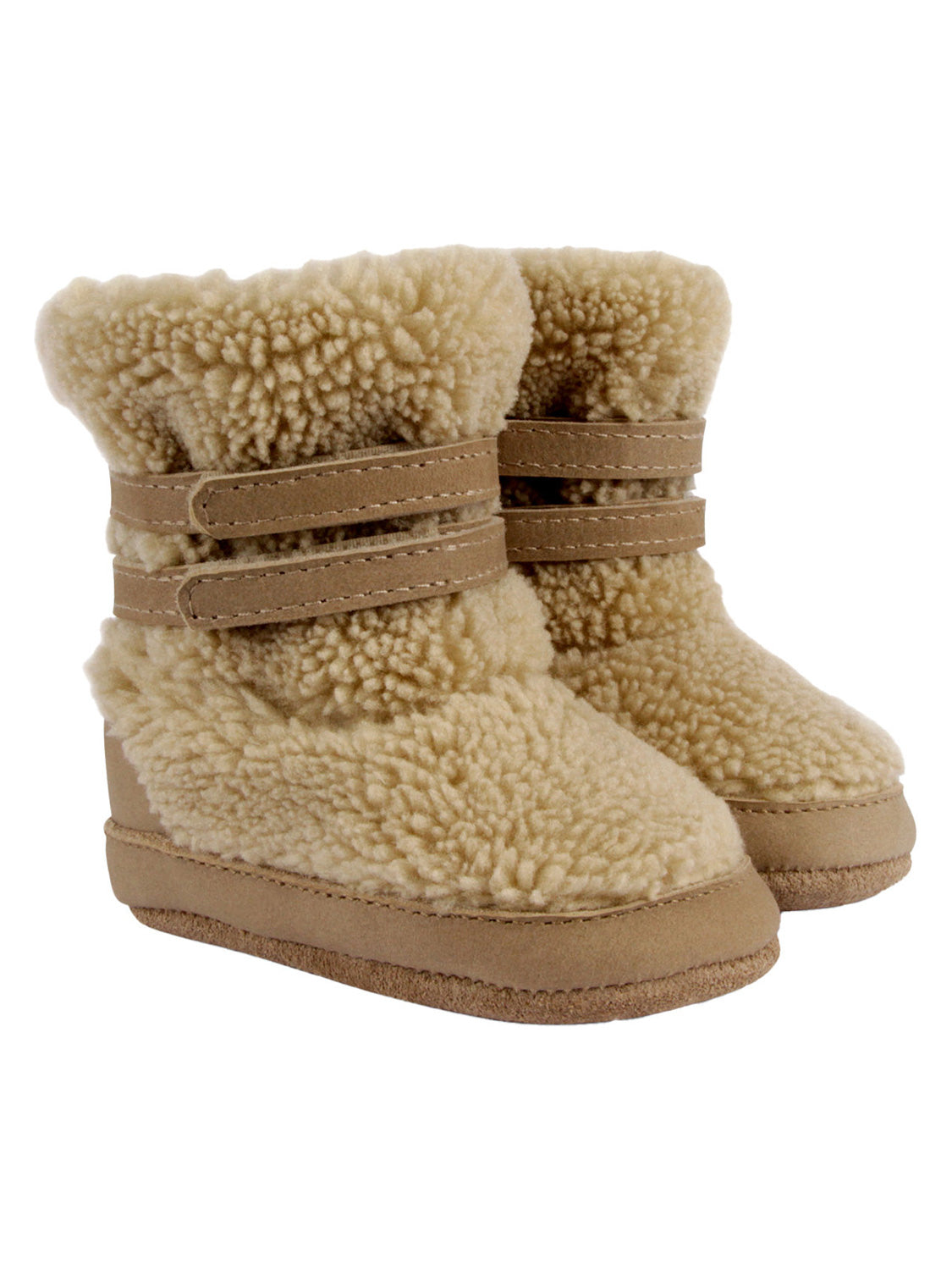 Krabbelschuhe LARISSO gefüttert in beige, kleine tanfarbene Stiefel mit Velcro-Verschlüssen und weichem Fleecefutter, ideal für Babys oder Kleinkinder.