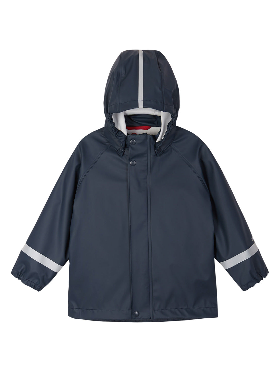 Kinderregenjacke LAMPI in Dunkelblau mit Kapuze, reflektierendem Streifen, Druckknopfverschluss und reflektierenden Bändern an den Ärmeln, ideal für nasses Wetter.
