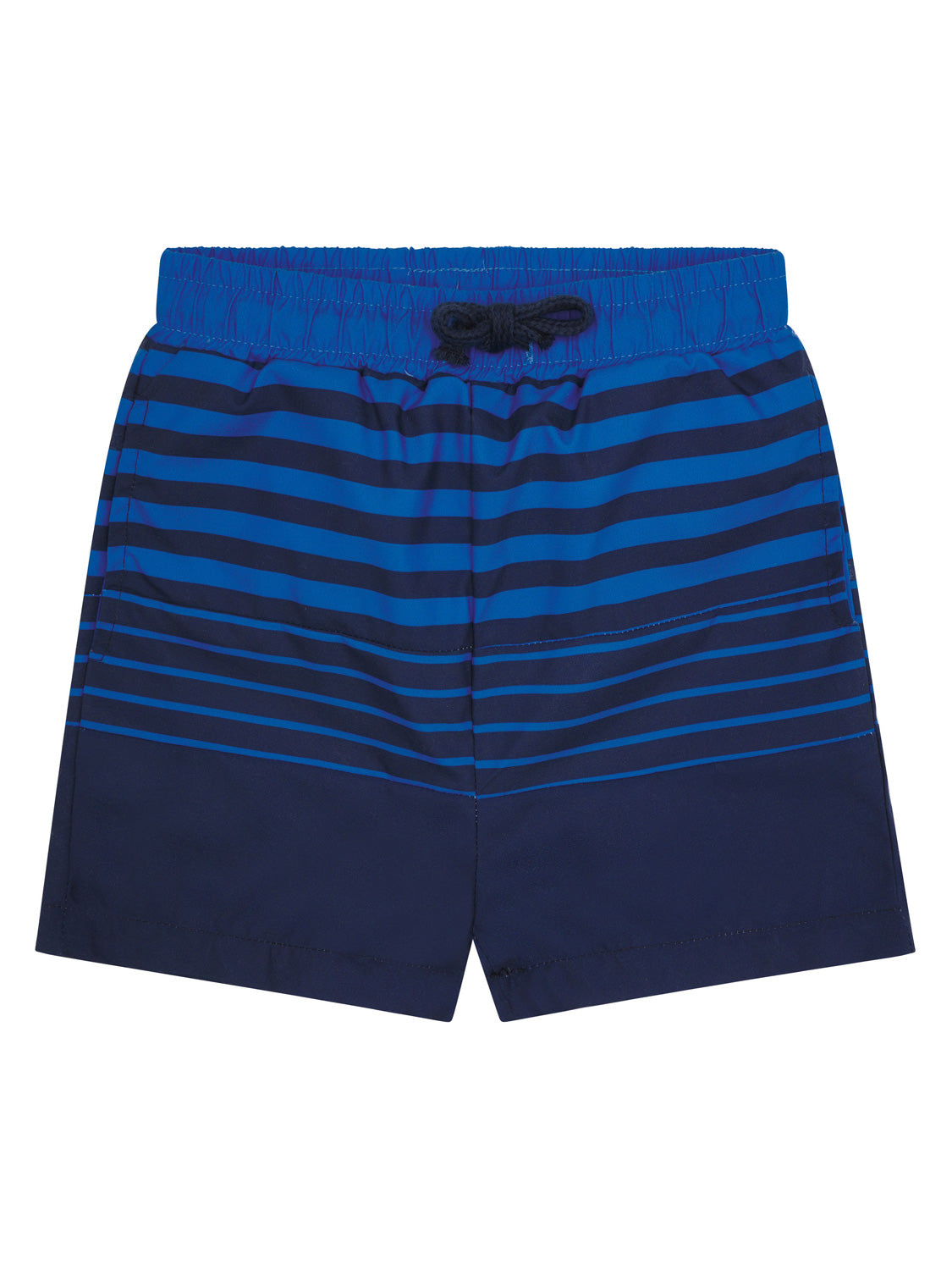 Badeshorts ENNO in steiff navy mit elastischem Kordelzug, oben gestreift und unten einfarbig. Ideal für Kinder im Bauchladen-Style von bellybutton.