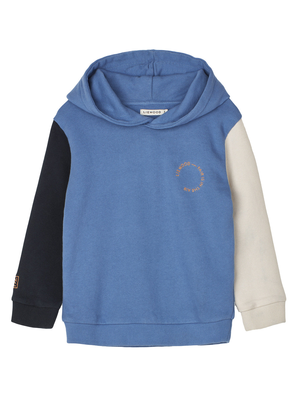 Hoodie Blau von LIEWOOD: Farbblock-Hoodie mit mittelblauem Körper, dunkelblauem und cremefarbenem Ärmel, orangenem Logo auf der Brust, ideal für stylische Kindermode.
