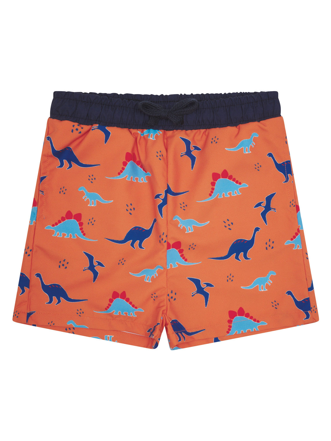 Badeshorts DINO FIETE in nectarine: Kinder-Schwimmshorts mit navy-blauem Bund und lustigem Dinosauriermuster in Blau und Rot, ideal für lebhafte Sommertage.