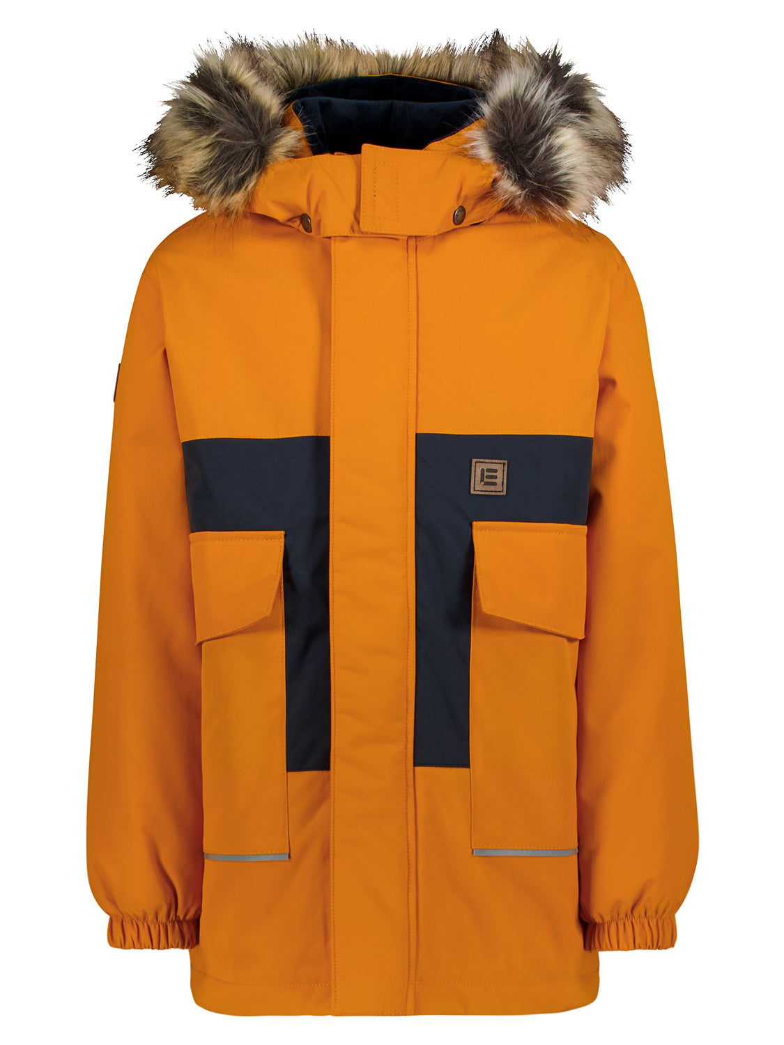Winterjacke Ramon Orange mit fellbesetzter Kapuze, dunkelblauem Brustband, großen Taschen und elastischen Bündchen, ideal für kalte Tage in modischem Design von bellybutton.