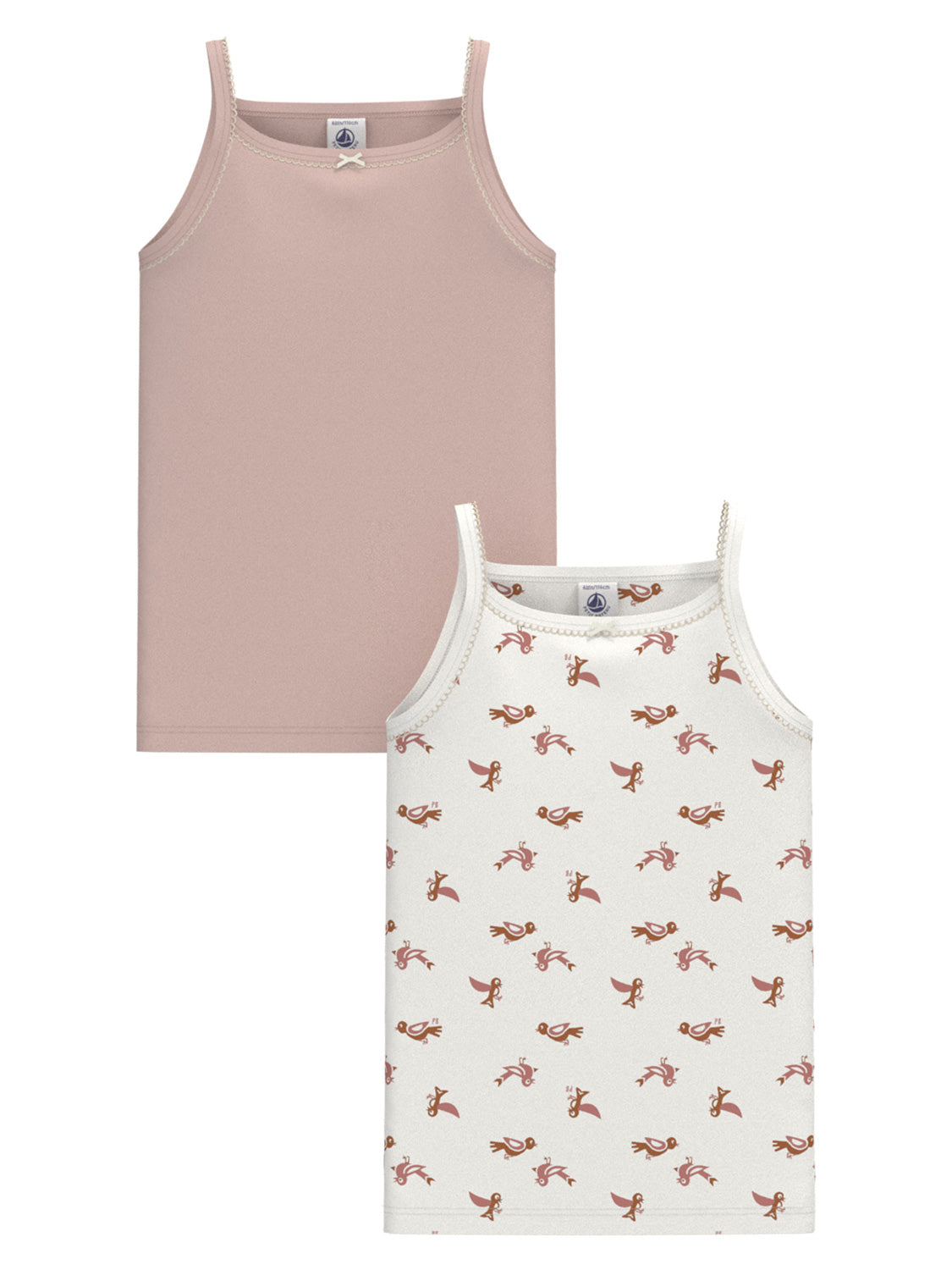 Unterhemd MOINEAU 2er-Set in rose/weiß zeigt ein ärmelloses Baumwolltop in Rosa und ein elfenbeinweißes Top mit Vogelmotiv, ideal für Kinder.
