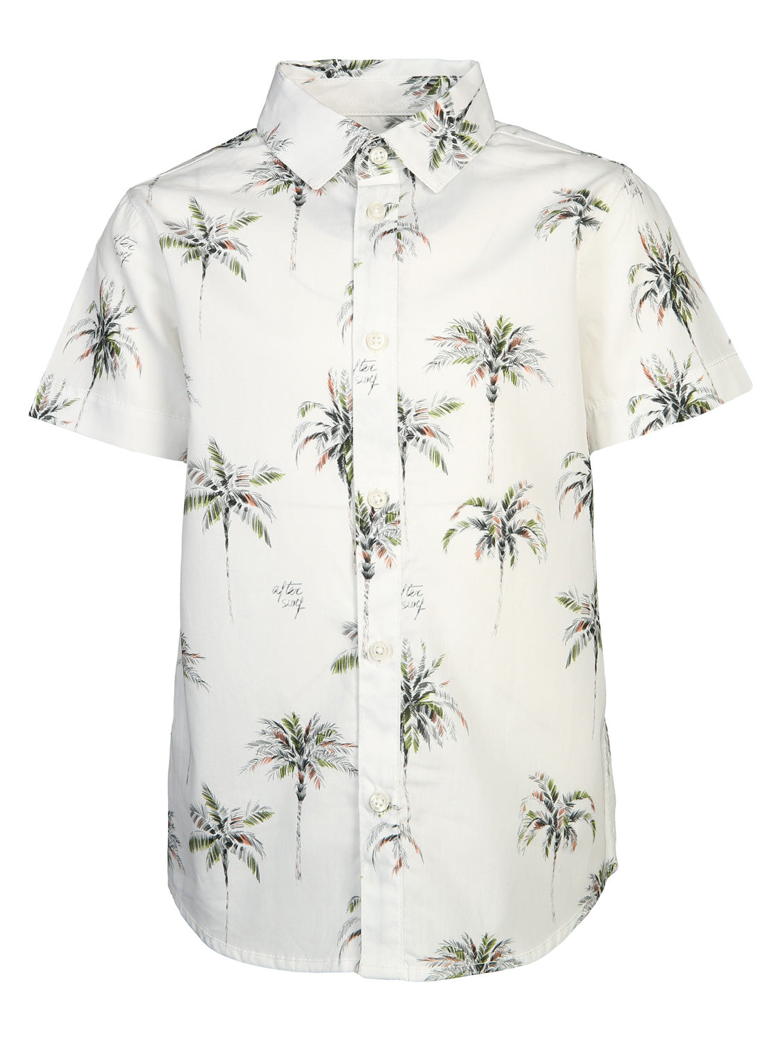 Kurzarm-Hemd PALMEN in weiß zeigt tropische Palmenmotive und dezente after surf-Schriftzüge. Perfekt für einen lässigen, sommerlichen Look.