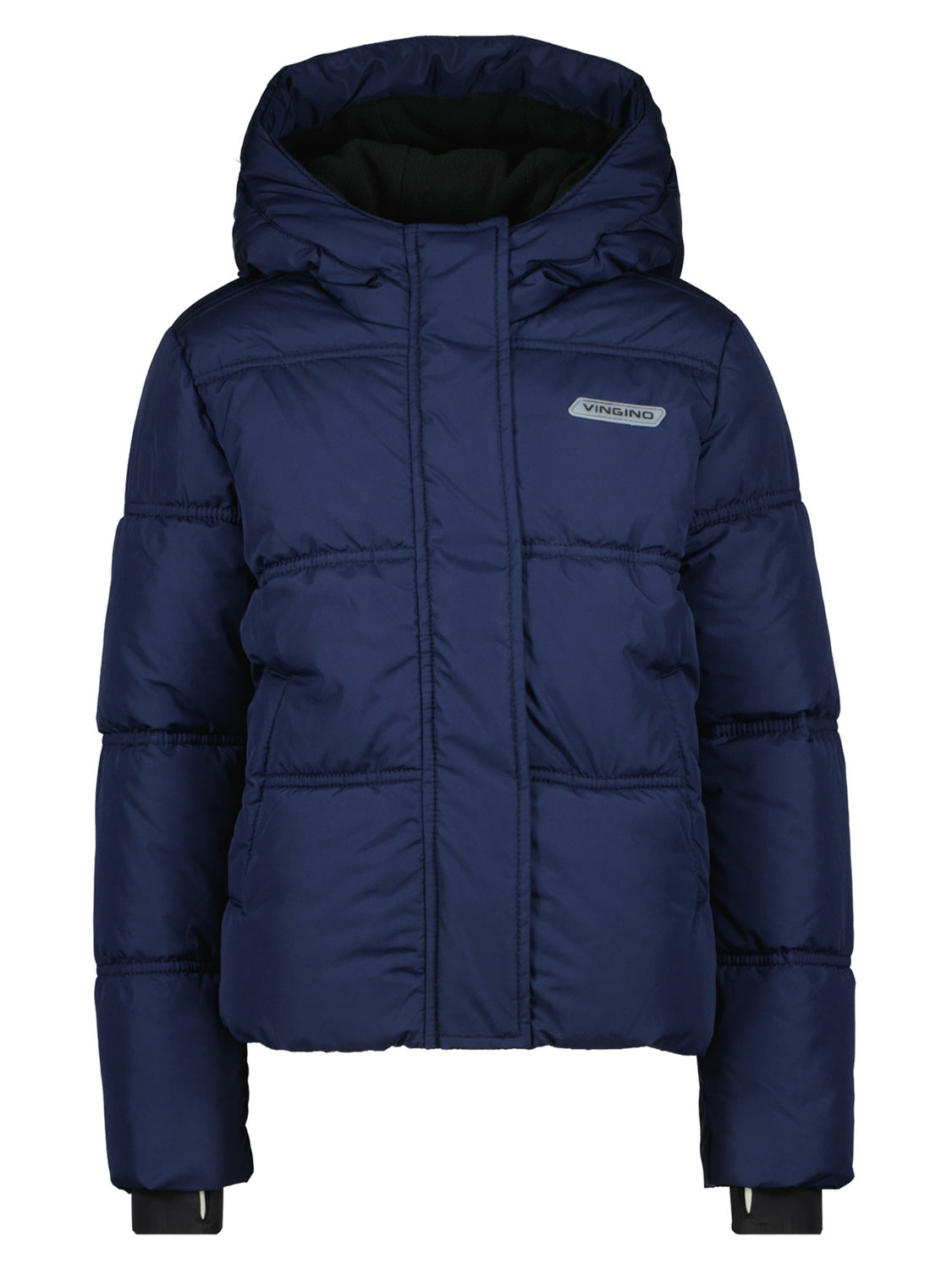 Steppjacke TRANA in Dunkelblau: Navy-blauer, gesteppter Wintermantel mit Kapuze, Reißverschluss, verdeckter Leiste und kleinem VINGINO-Logo auf der Brust, ideal für kalte Tage.
