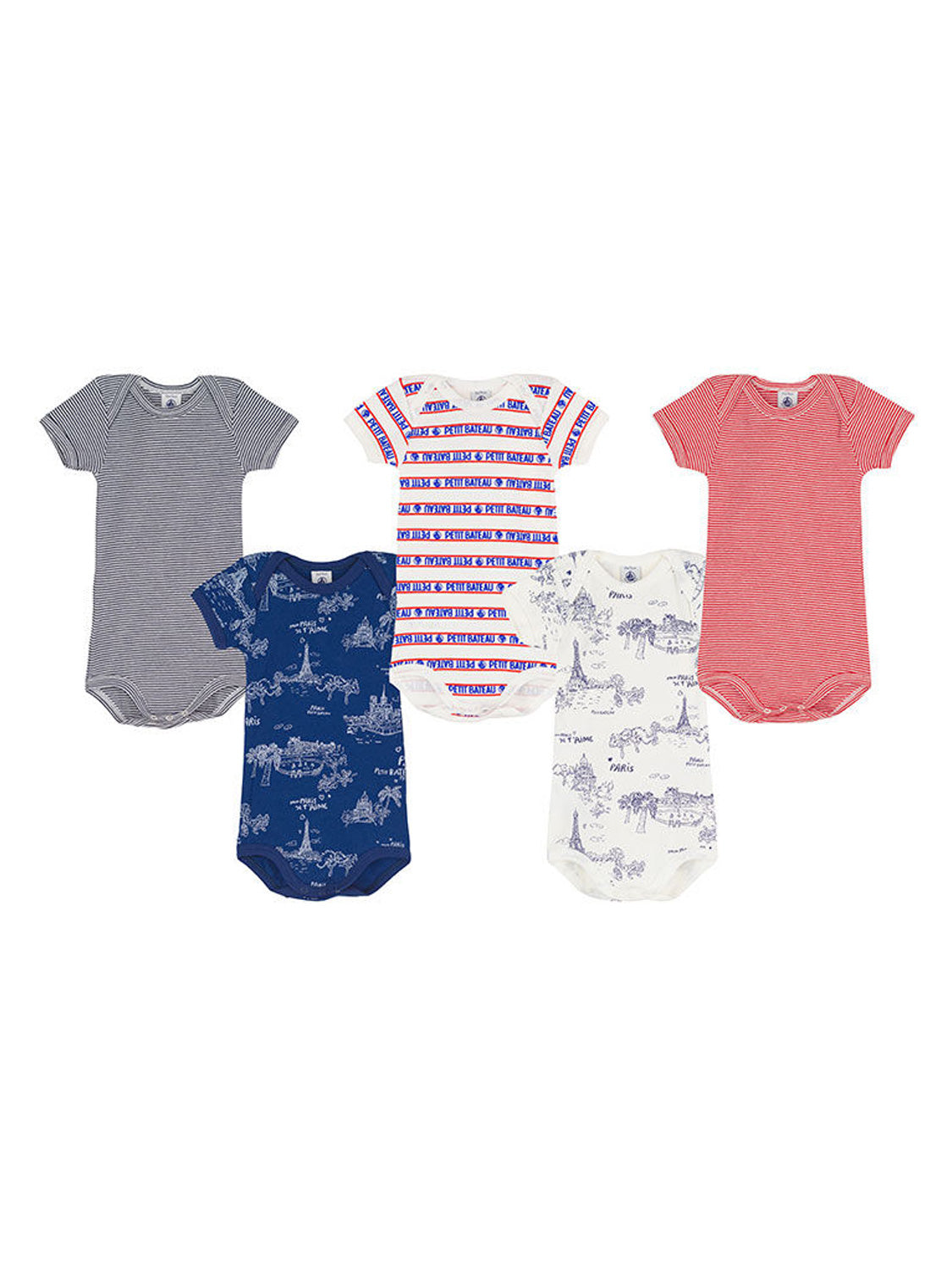 Kurzarm-Body PARIS BOY 5er Pack in navy/rot/weiß: Fünf Babybodys mit Paris-Motiven und Streifenmustern, ideal für stilvolle Babymode von bellybutton.