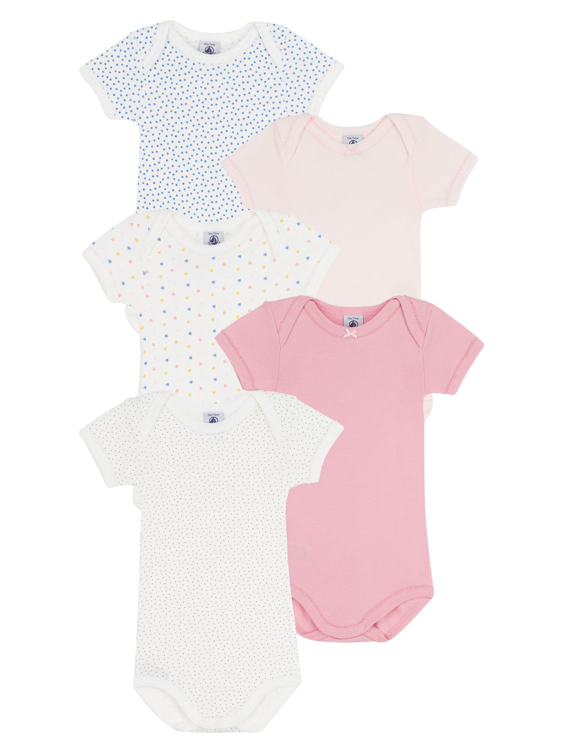 Kurzarmbody MINI JOLIE 5er-Pack in multico multico: Fünf Babybodys mit verschiedenen Mustern und Farben, darunter Punkte und Herzen, mit Umschlag-Schultern und Druckknopfverschluss. Perfekt für stilvolle Babymode.