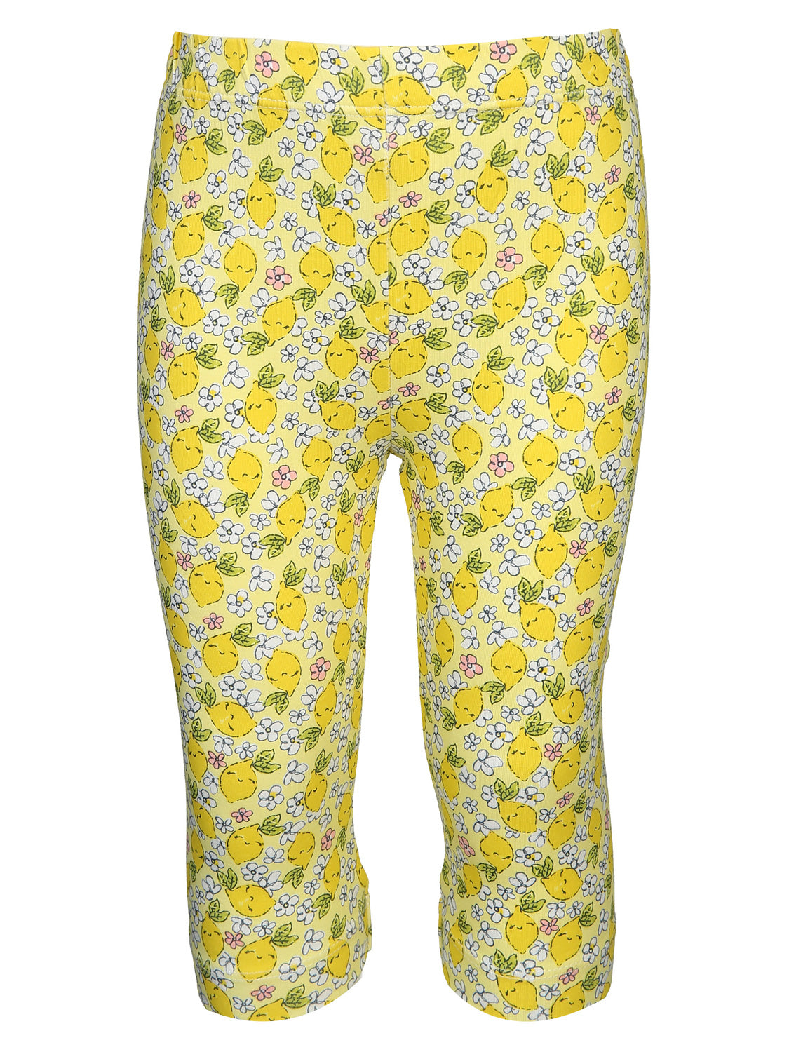 Capri-Leggings MILLEFLEUR in zitron zitron zeigen entzückende lächelnde Zitronen, grüne Blätter und kleine Blüten, perfekt für fröhliche Kinderlooks von bellybutton.