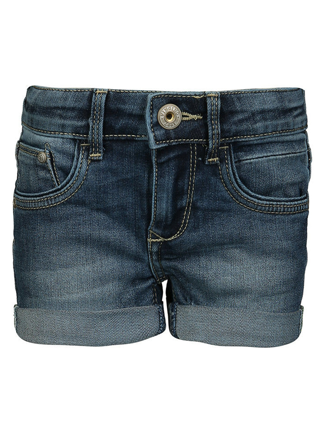 Jeans-Shorts DAMARA in Mid Blue Wash mit umgeschlagenem Saum, fünf Taschen, Gürtelschlaufen und Metallknopfverschluss, ideal für stilvolle Mama- und Kindermode von bellybutton.