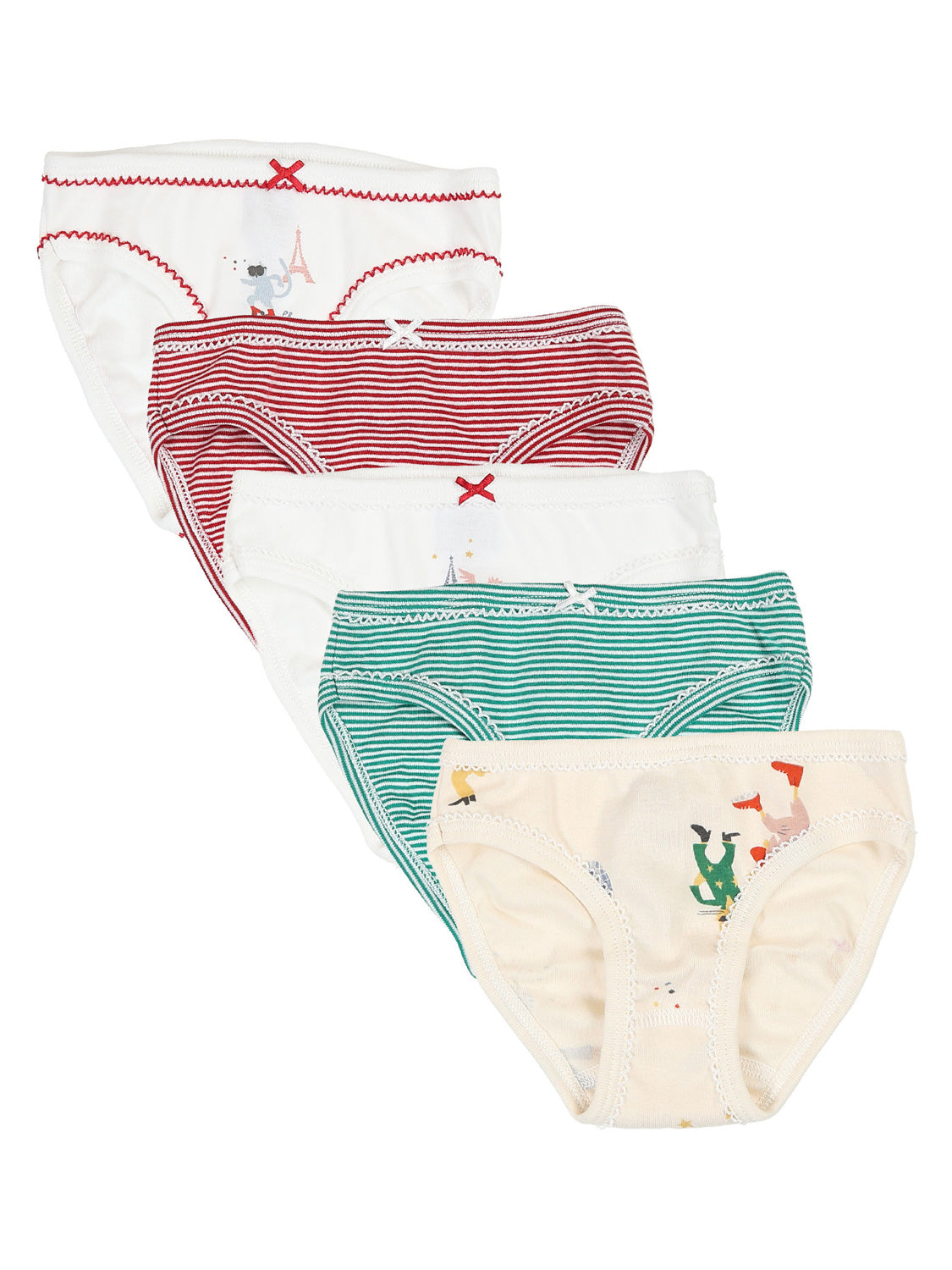 Slip FUNKY 5er-Set in bunt bunt: Fünf Kinder-Bikini-Slips aus Baumwolle mit verschiedenen Mustern und Farben, jeweils mit kleinem Zierbogen vorne am Bund.