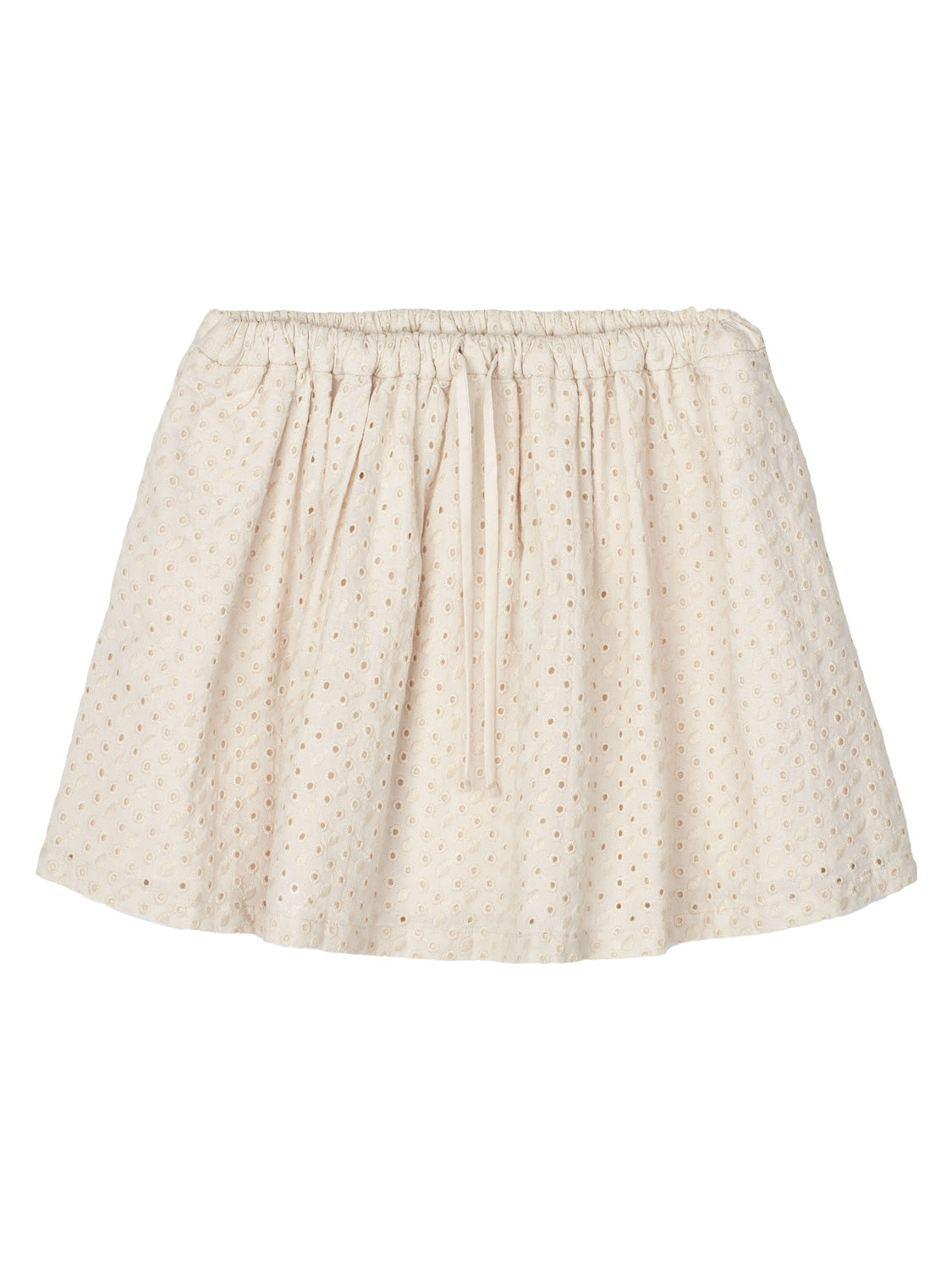 Rock PADUA in sandy sandy: Minirock aus Lochstickerei-Baumwolle mit elastischem Bund, Kordelzug vorne und sanft ausgestellter A-Linie. Perfekt für stilvolle Umstandsmode von bellybutton.