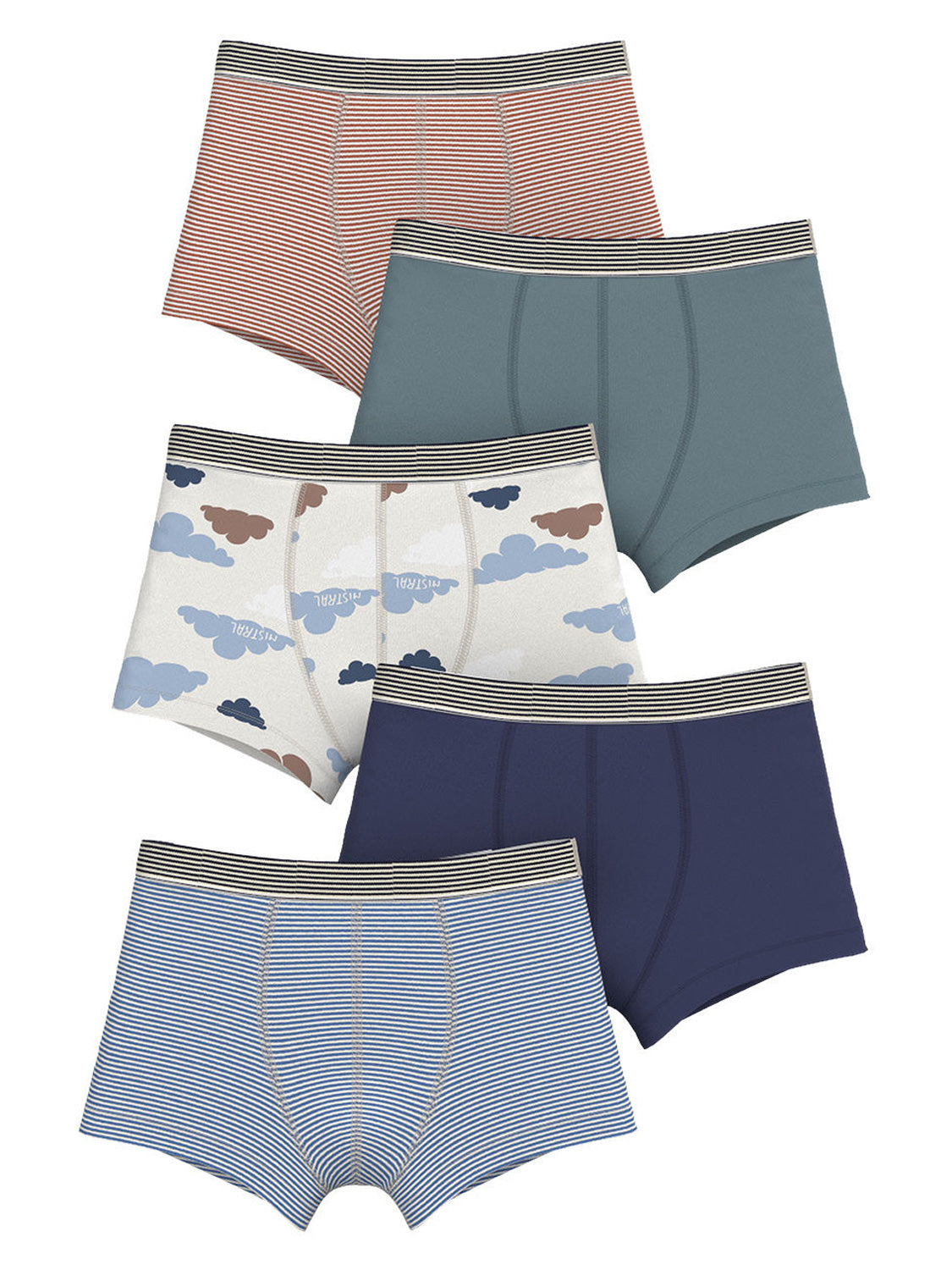 Boxershorts NUAGE VIVI 5er-Pack in bunt bunt, zeigt fünf stilvolle Herren-Trunks mit abwechslungsreichen Designs, darunter Streifen, einfarbige Modelle und Wolkenmuster, alle mit gestreiftem Bund.
