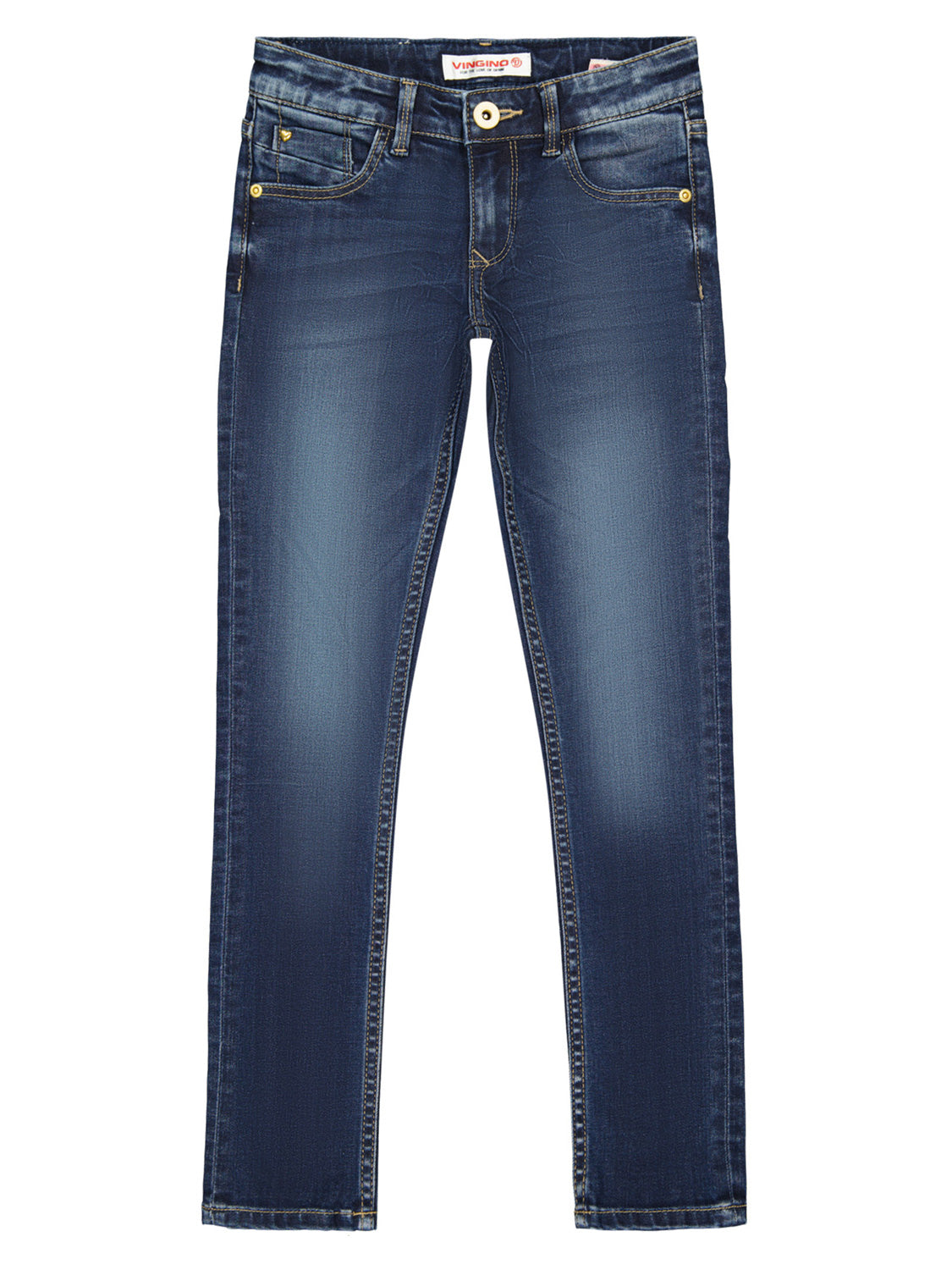 Jeans AMIA BASIC dark used: Dunkelblaue Slim-Fit-Jeans, gerade geschnitten, mit fünf Taschen, Kontrastnähten und VINGINO-Label im Bund, perfekt für stilbewusste Teenager.