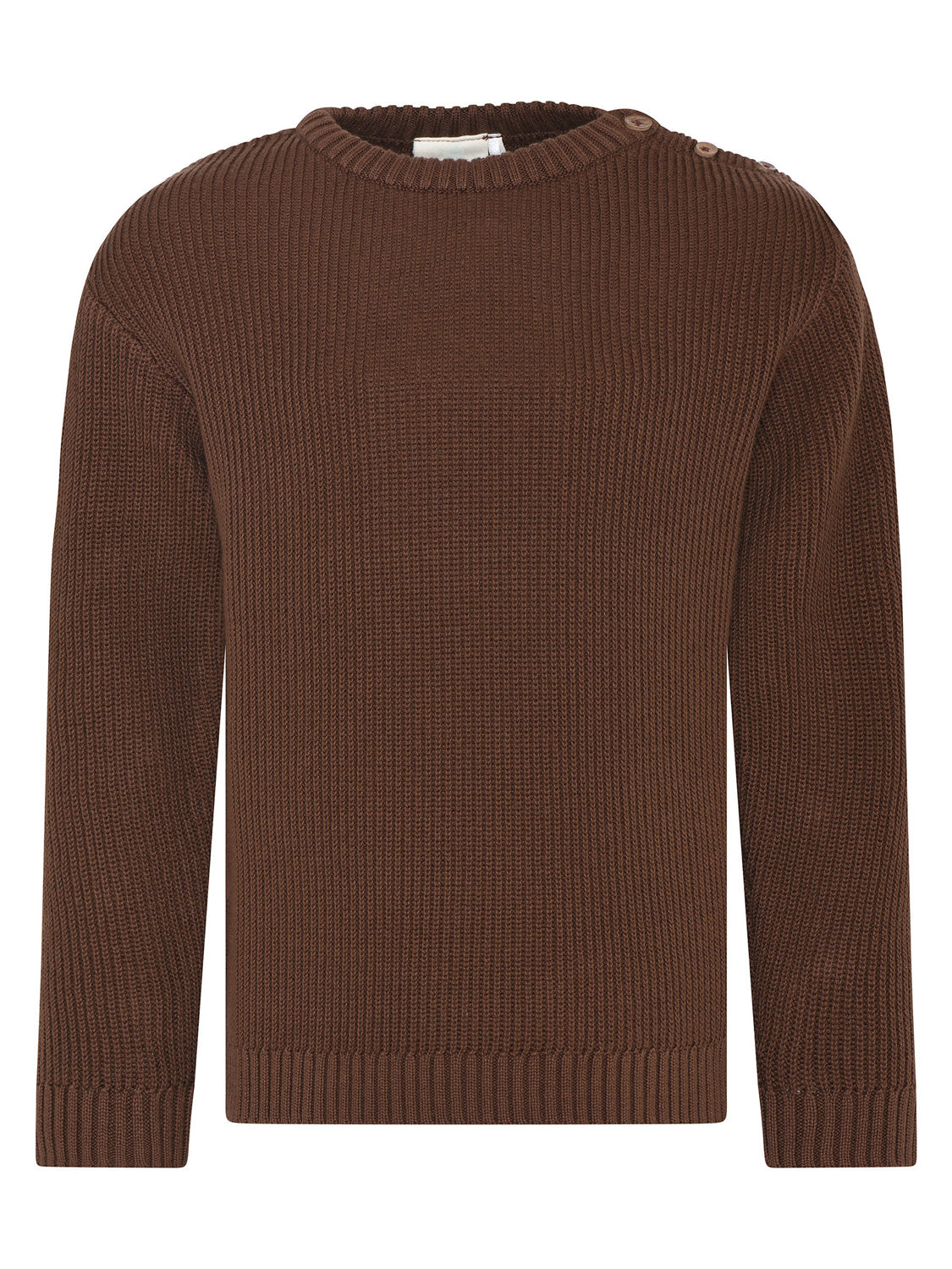 Pullover Braun: Schlichter, langärmeliger Strickpullover mit Rippenkragen, -bündchen und -saum, verziert mit zwei kleinen Knöpfen an der Schulter. Perfekt für einen gepflegten Alltags-Look.