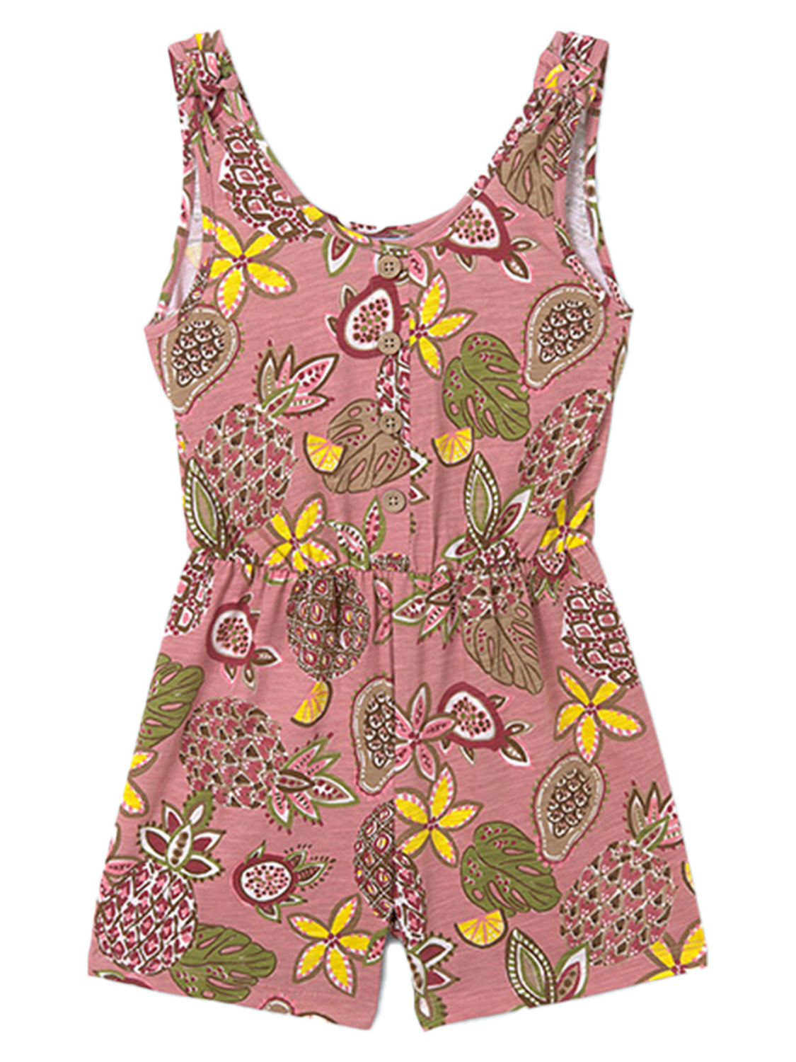 Jumpsuit NOA FRUITS kurz in rosa rosa: Ärmelloser Einteiler mit elastischer Taille, Zierknöpfen, tropischem Muster aus Ananas, Blättern und Blumen. Perfekt für modische Kinderkleidung.