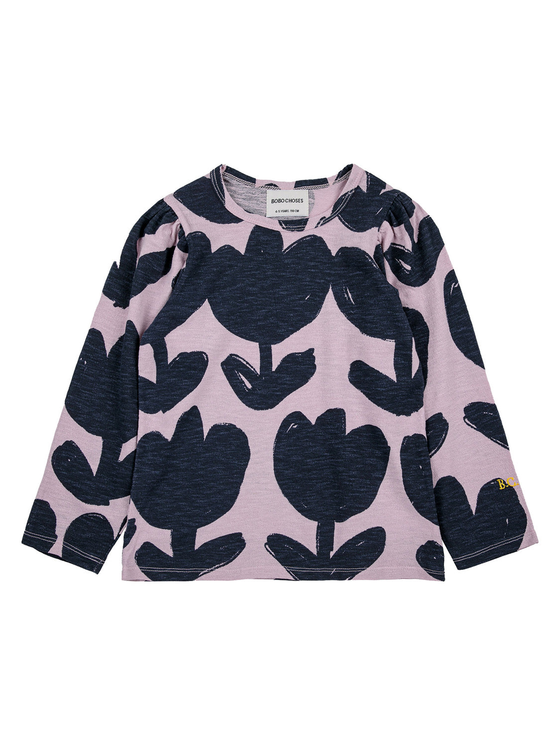 Langarmshirt FLOWERS ALL OVER in lila lila von Bobo Choses, für Kinder 4–5 Jahre. Weiches T-Shirt mit navy-blauem Blumenmuster, geradem Schnitt und Rundhalsausschnitt.