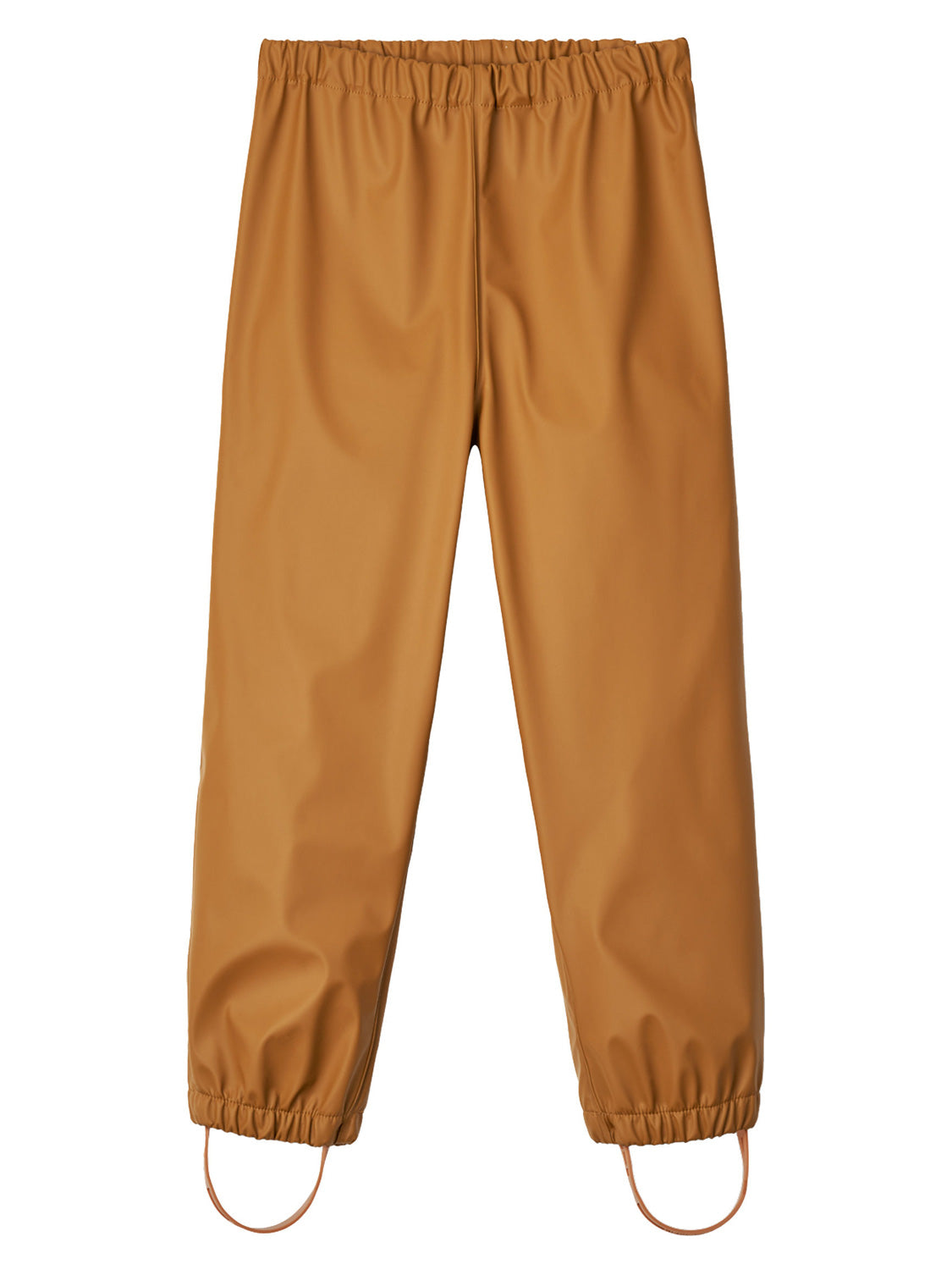 Regenhose MOBY in golden caramel, kinderfreundliche Regenhose mit elastischem Bund, geradem Bein, elastischen Fußstegen und wasserabweisendem Stoff, perfekt für nasse Tage geeignet.
