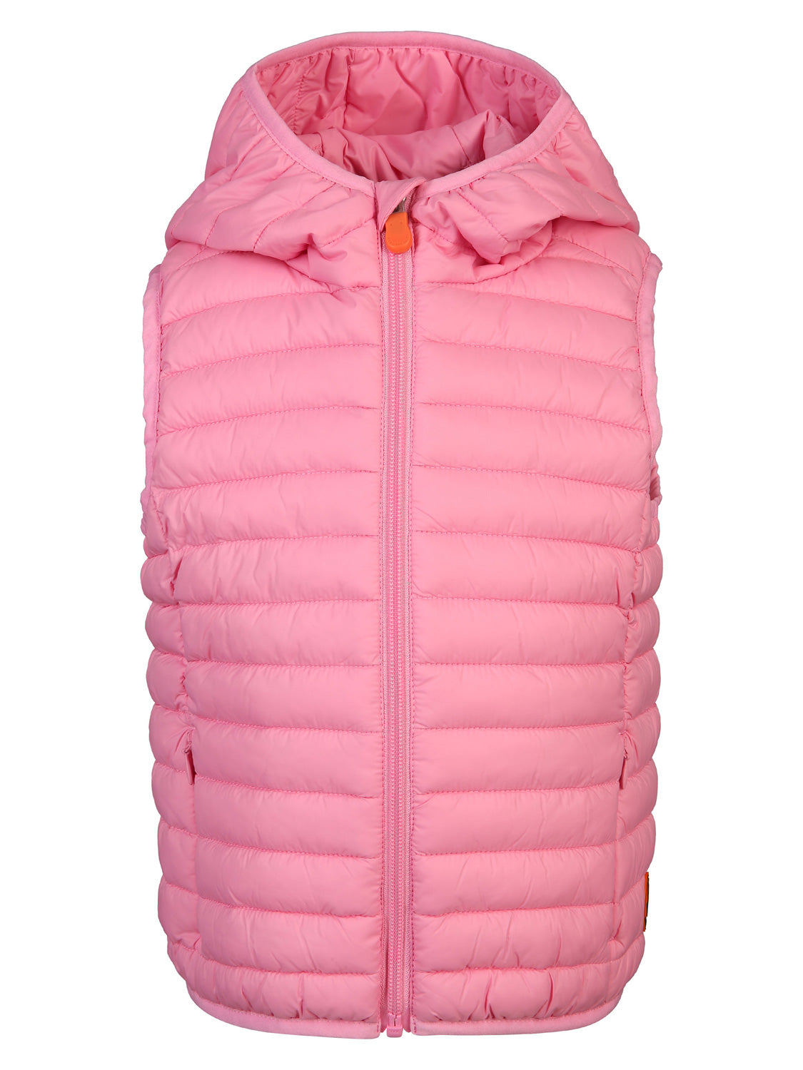 Steppweste CUPID GIGA14 in aurora pink mit Kapuze, ärmellos, durchgehendem Reißverschluss und horizontaler Steppung, ideal für modische Akzente in der Kindermode von bellybutton.