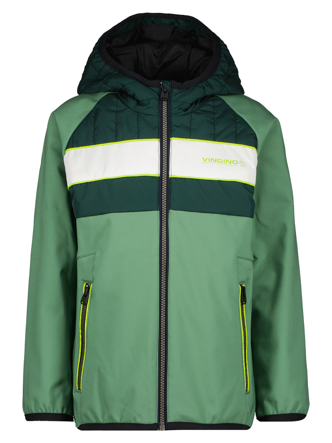 Kinderjacke TONALY in Schiefergrün mit Farbblock-Design, weißem Bruststreifen, Reißverschluss, kontrastierenden Neon-Taschen und gestepptem Kapuzenbereich, subtile Vingino-Markierung auf der Brust.