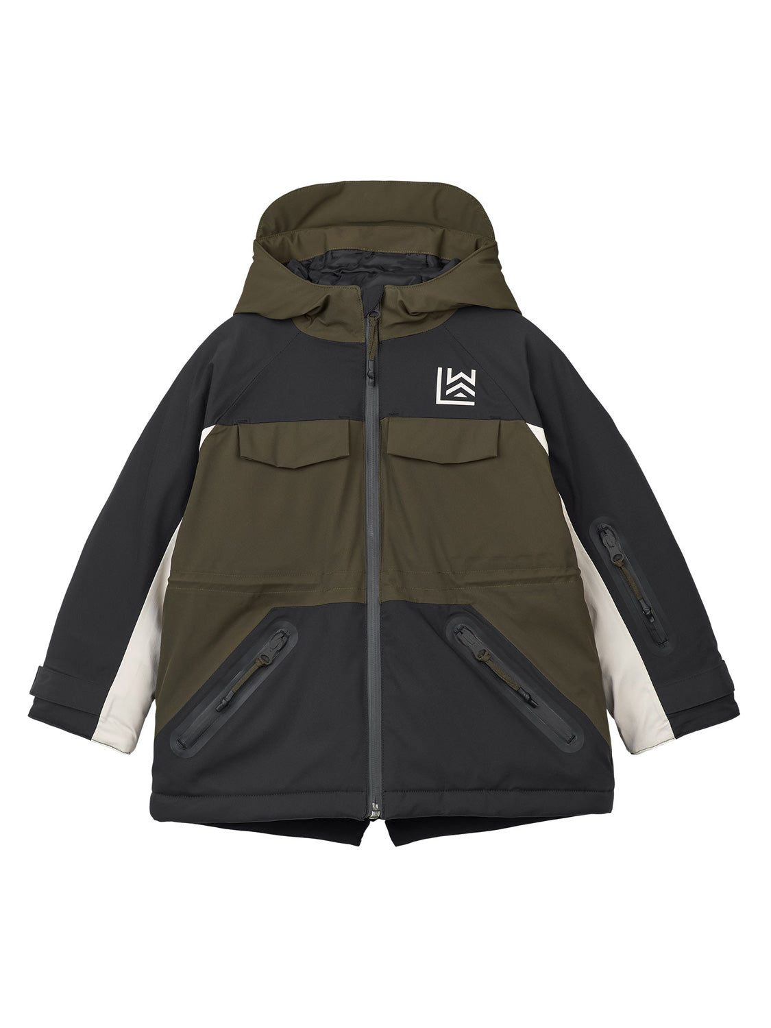 Schneejacke KALLE in schwarzem Panther-Design, mit Kapuze, Farbblock-Details und mehreren Taschen für funktionalen Stil und Wärme, ideal für den modernen Look von Mamas und Kindern.