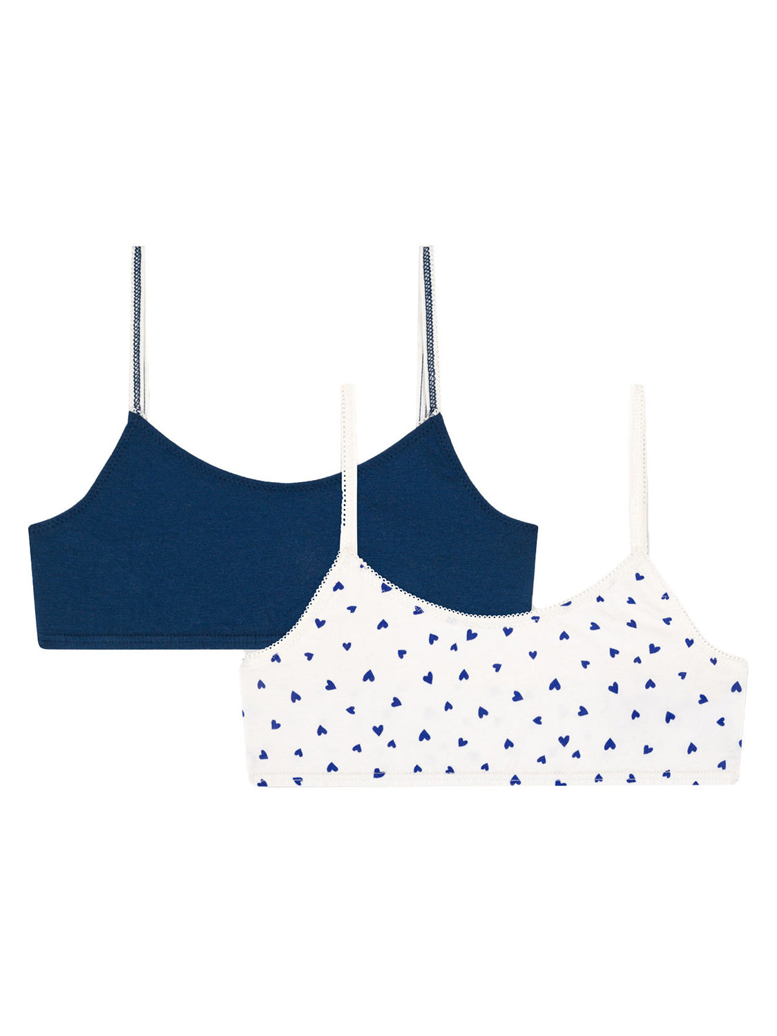 Zwei Mädchen-Bustiers aus dem BLUELOV 2er Set: ein navyblaues und ein weißes mit blauen Herzen, beide mit verstellbaren Spaghettiträgern.