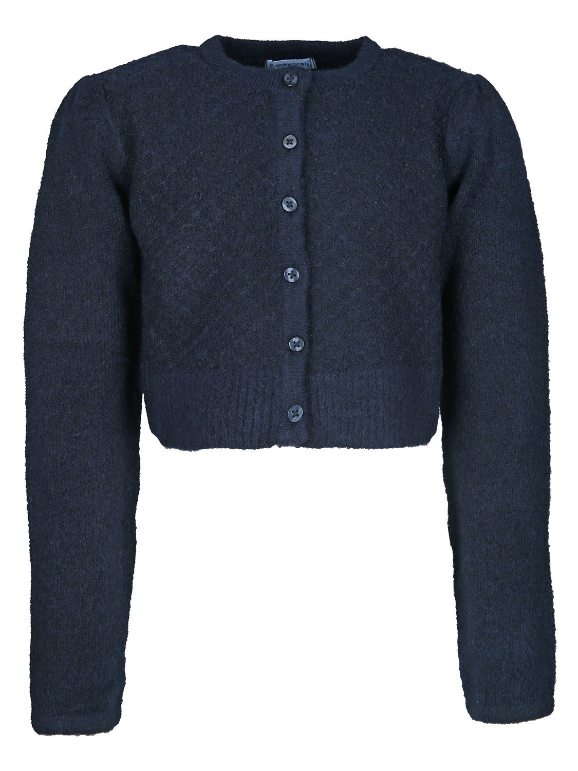 Strick-Bolero SOLID in dunkelmarine: Frauenstrickjacke mit Rundhalsausschnitt, langen Ärmeln, leicht verkürztem Saum und passenden Knöpfen. Weicher, leicht flauschiger Stoff.