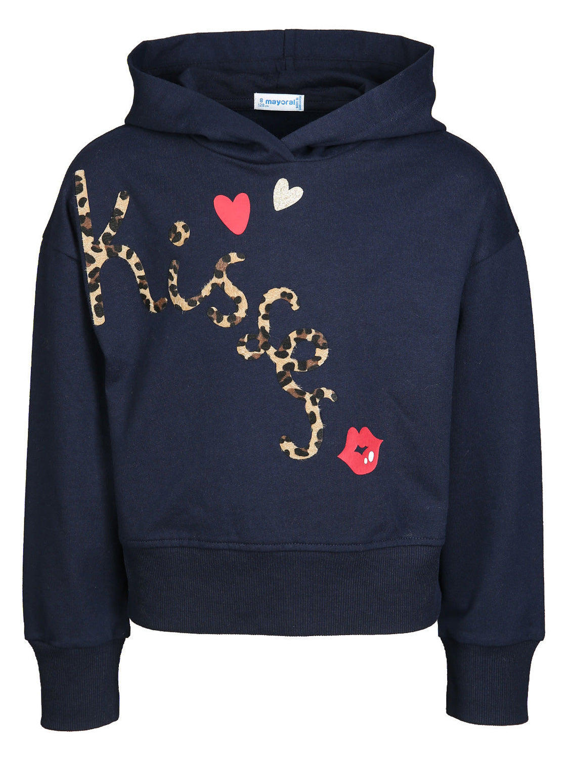 Kapuzen-Sweatshirt KISSES in marineblau mit Leopardenmuster-Schriftzug, roten Lippen und Herzen. Entspanntes Design mit geripptem Bund und Manschetten, ideal für stylische Mütter und Kinder.