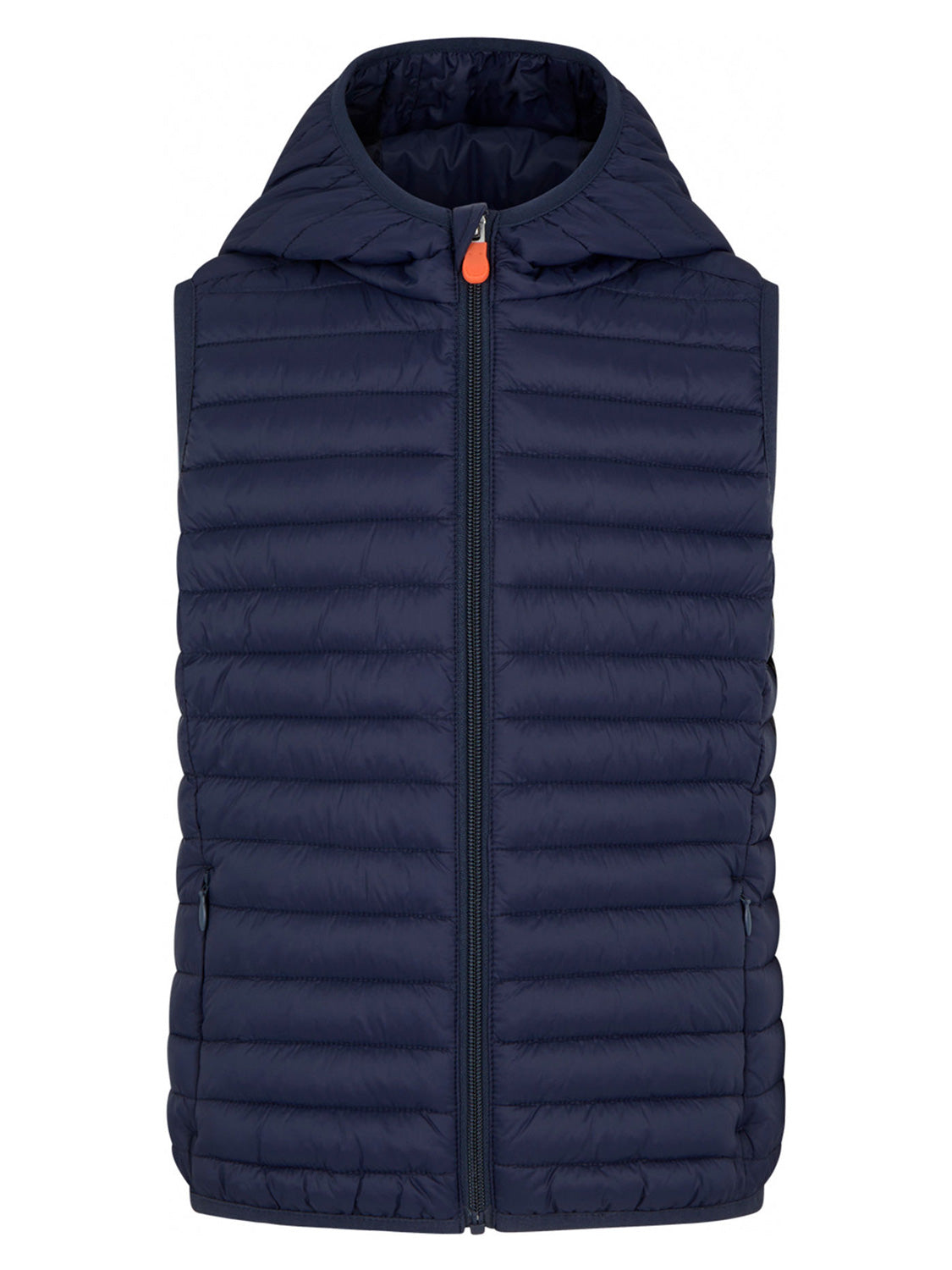 Steppweste CUPID GIGA14: Navyblaue, ärmellose, gesteppte Weste mit Kapuze und Reißverschluss mit orangefarbenem Zug. Perfekt für stilvolle, warme Outfits.