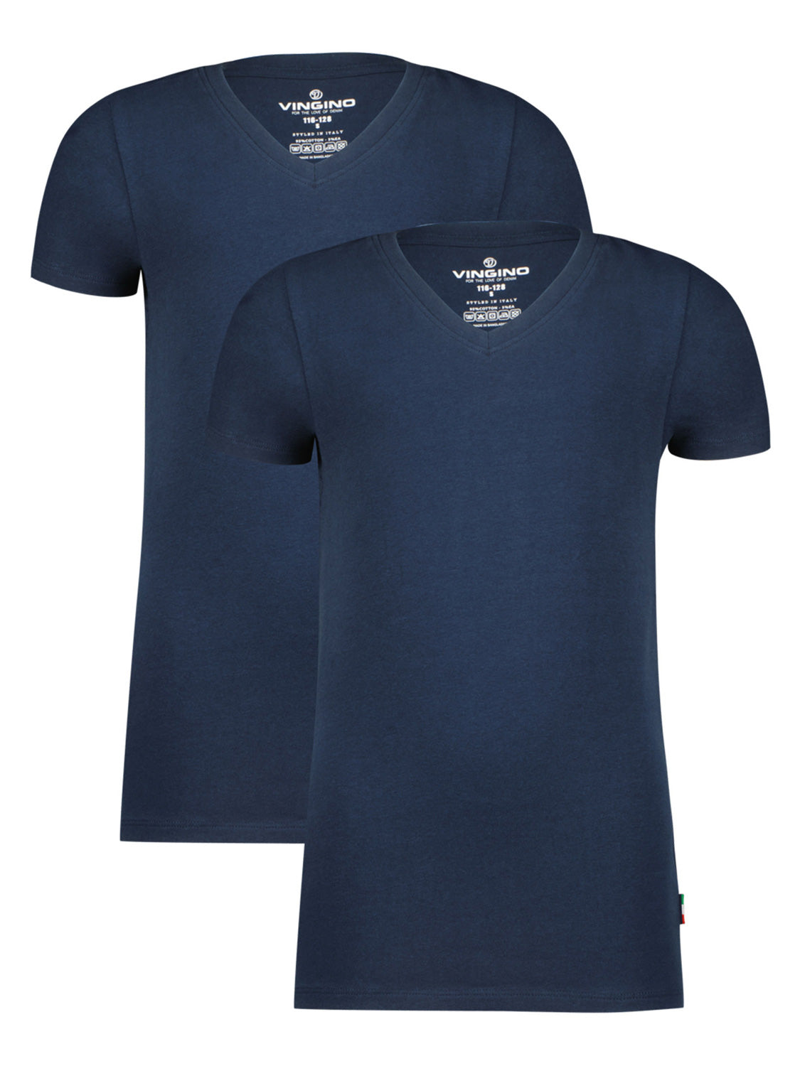 Zwei schlichte, navy-blaue VINGINO V-Ausschnitt T-Shirts für Jungen im 2er-Pack, ideal für Basics in der Kindermode.
