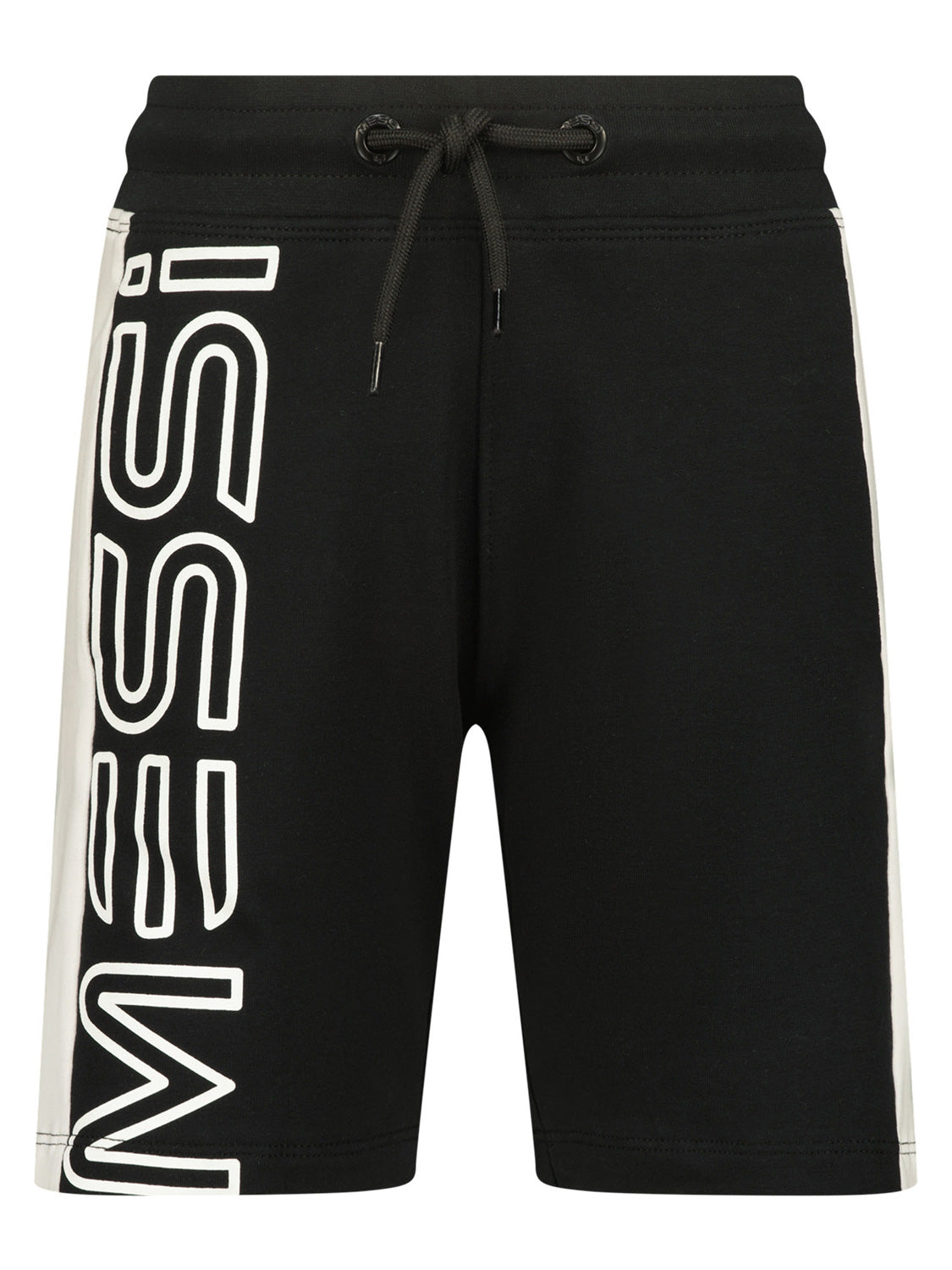 Sport-Shorts RAFO - MESSI in Schwarz mit elastischem Bund, Kordelzug, weißen Seitenstreifen und auffälligem weißen Logo auf dem linken Bein. Ideal für aktive Teenager.