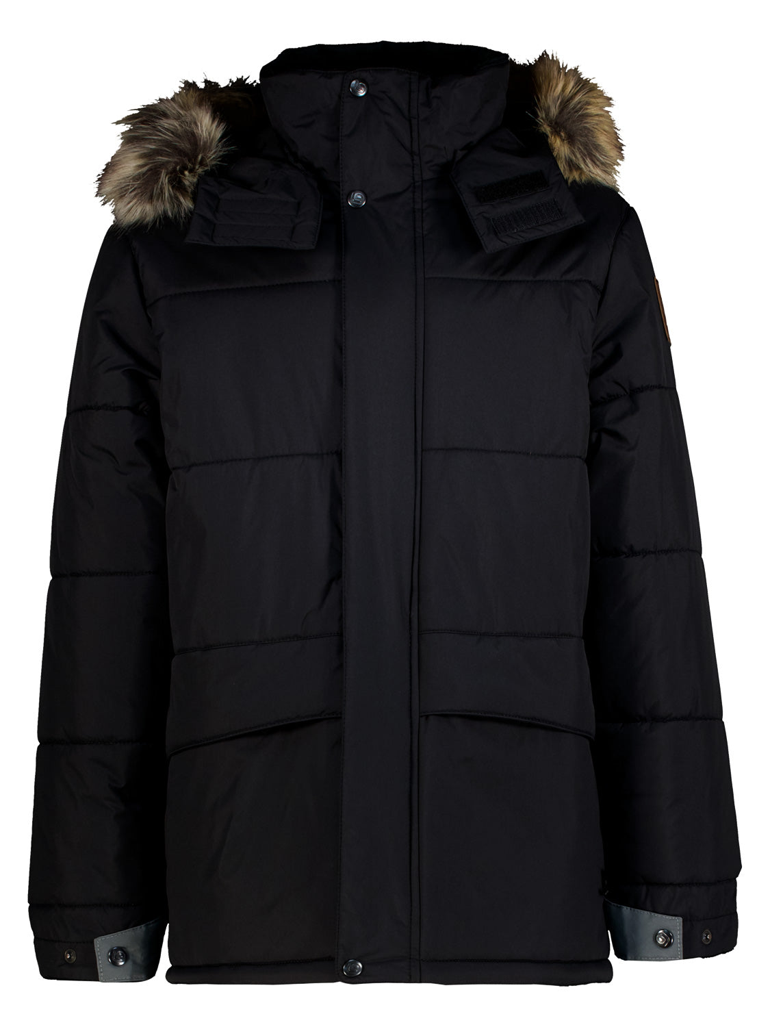 Winterjacke Scott Schwarz, isolierte Parka mit Kapuze und Kunstfellbesatz, Reißverschluss und Druckknöpfen, Hüftklappentaschen, verstellbare Druckmanschetten, ideal für kalte Wintertage.