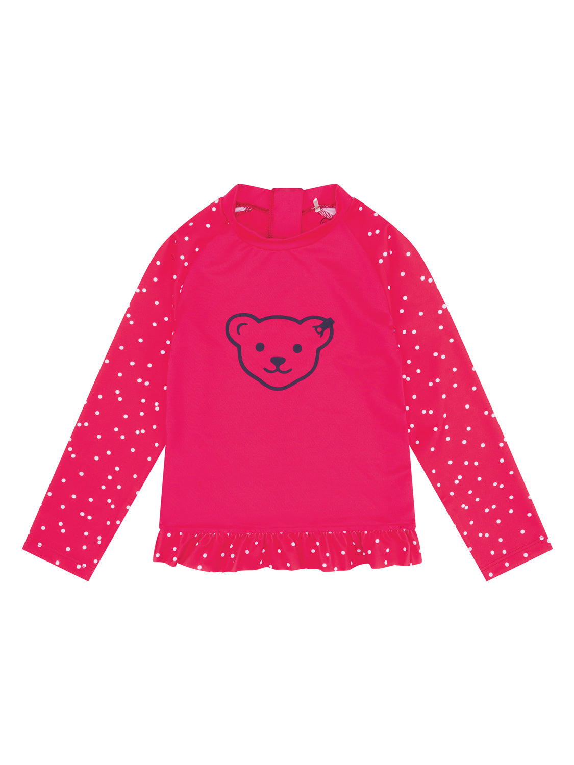 Badeshirt ISKA in Himbeere: Langarm-Kinder-Schwimmshirt mit weißen Punkten, Rüsche am Saum und dunklem Teddy-Gesicht auf der Brust. Ideal für stilvolle Schwimmabenteuer.