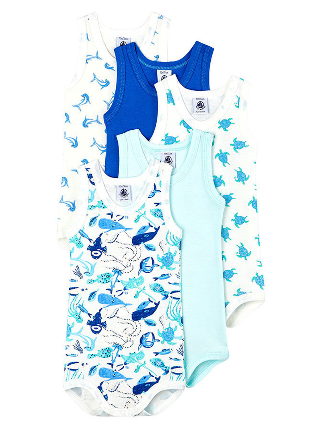 Fünf Träger-Bodys MOND SOUS MARIN mit ozeanischen Motiven und zwei einfarbigen in Blau und Aqua, ideal für Babymode von bellybutton.