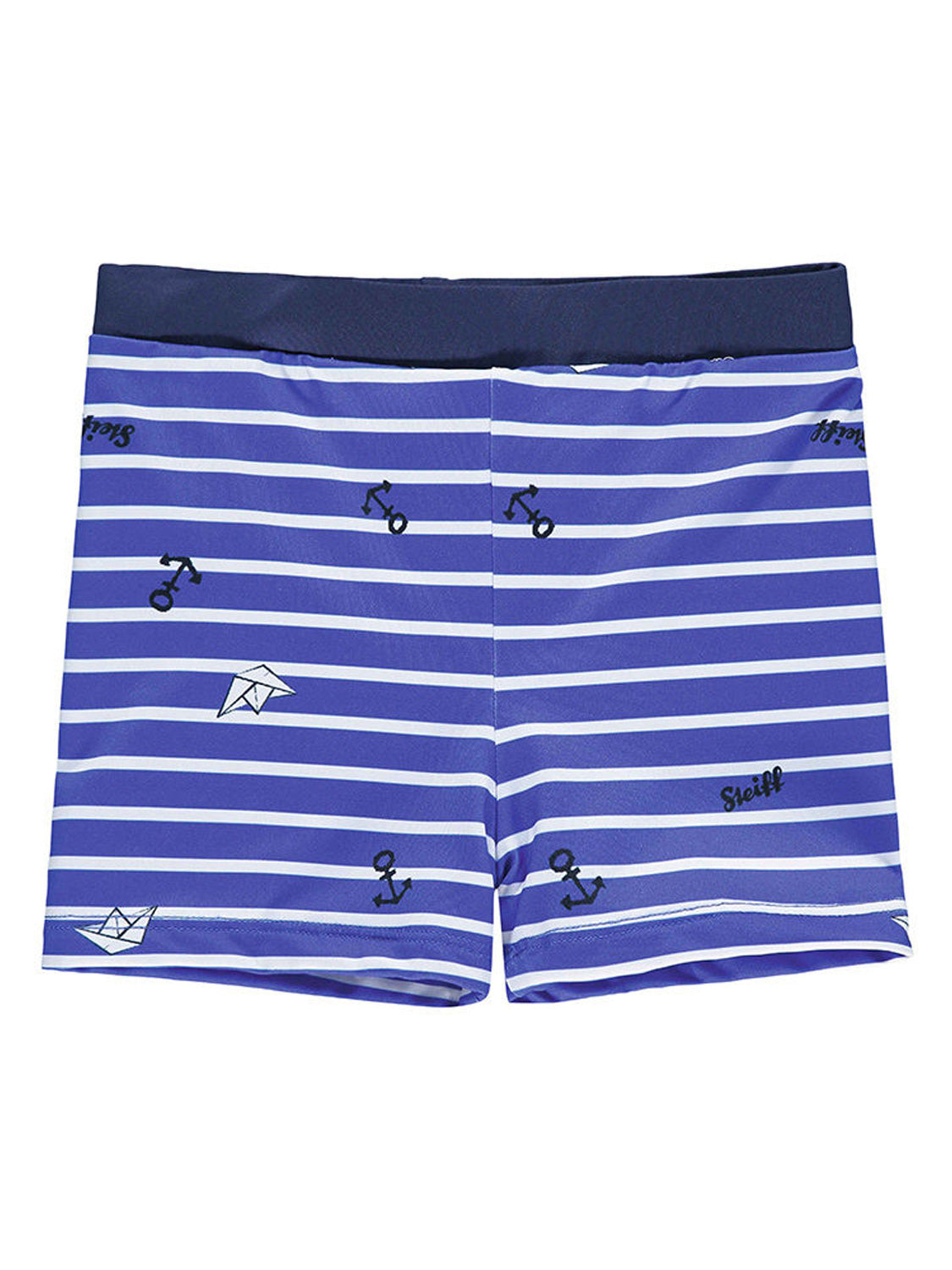 Badeshorts SCHIFFCHEN gestreift in deep ultramarine zeigen feine weiße Streifen und nautische Symbole wie Anker und Papierboote, mit navyfarbenem Bund. Perfekt für Kinder.